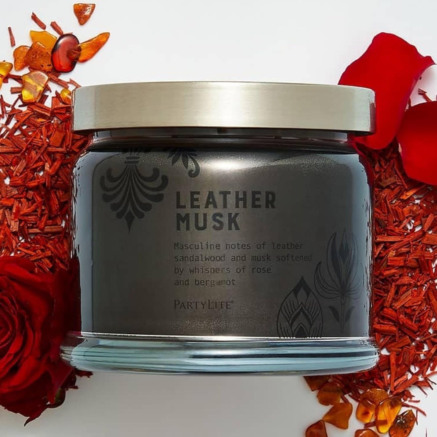 PartyLite 3-Wick Jar Candle, Highly Fragranced Clean Burning Glass Candle, 25-45 Hours Burn Time (Leather Musk)