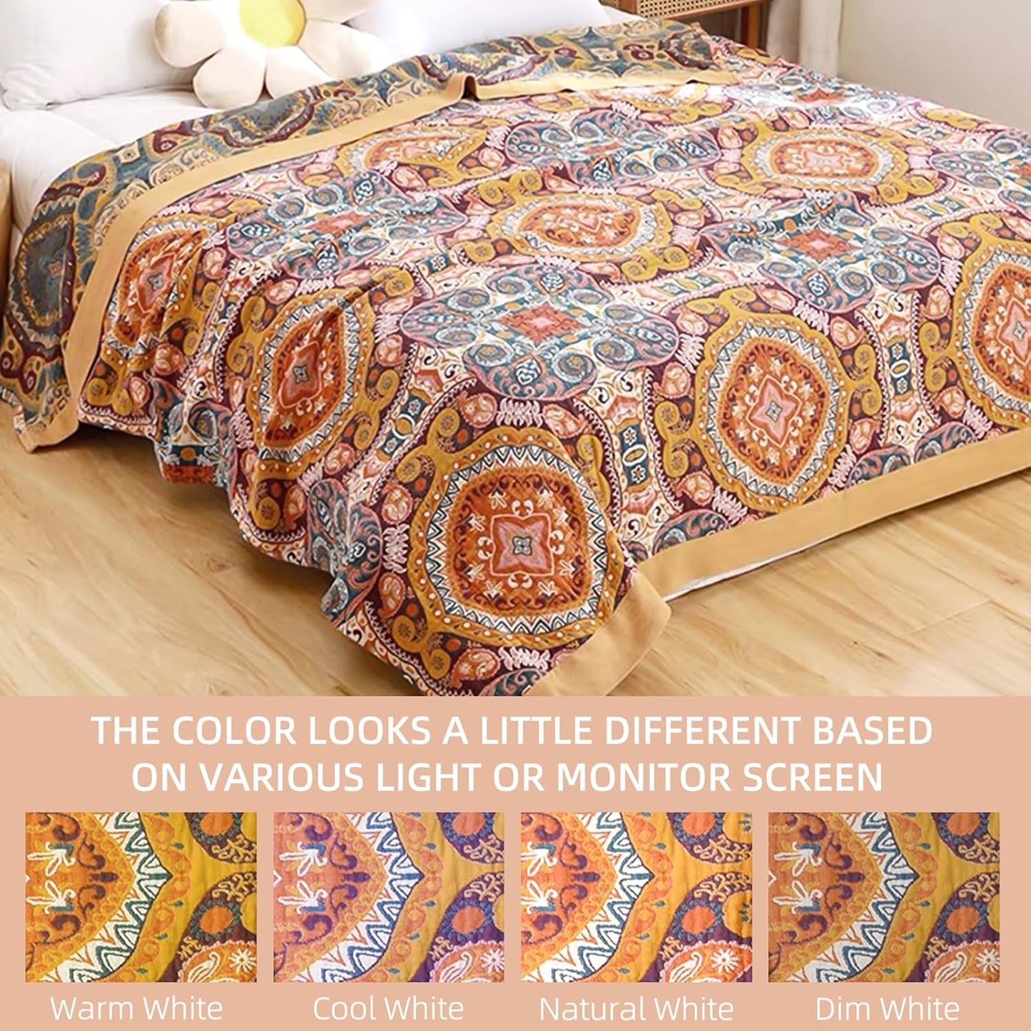 Boho Throw Blanket for Bed - 100% Pure Cotton Ultra Soft Rustic Quilt - Farmhouse Decor Bed Blankets, All Season Rustic Throw for Sofa Couch Chair(60"×80", Boho Flover)