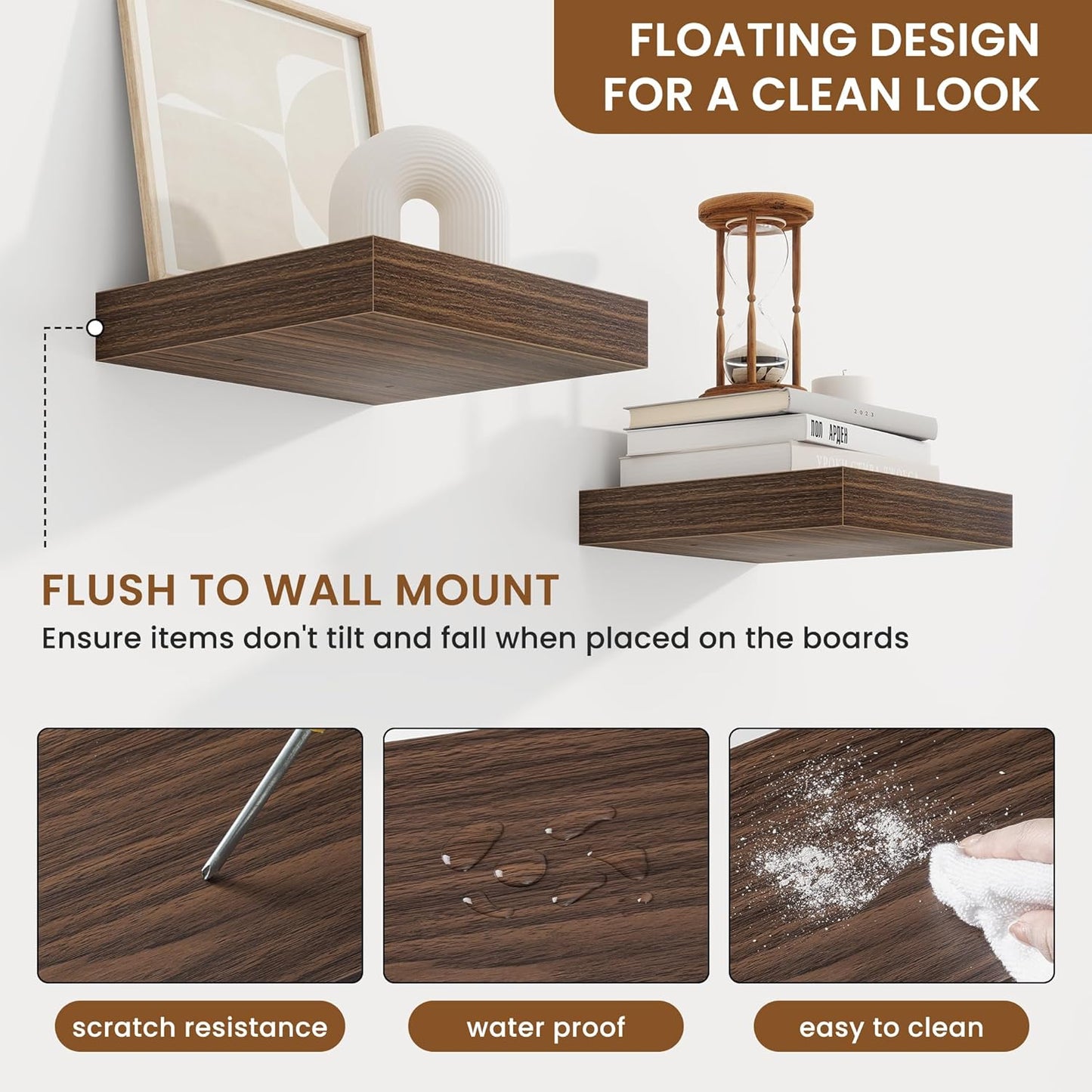 fuqing Floating Shelves for Wall, Bathroom Shelf Wall Mounted for Storage, Shelves with Invisible Bracket for Bedroom, Kitchen, Living Room, Farmhouse Small Book Shelf, 6.5 Inch Set of 3, Walnut