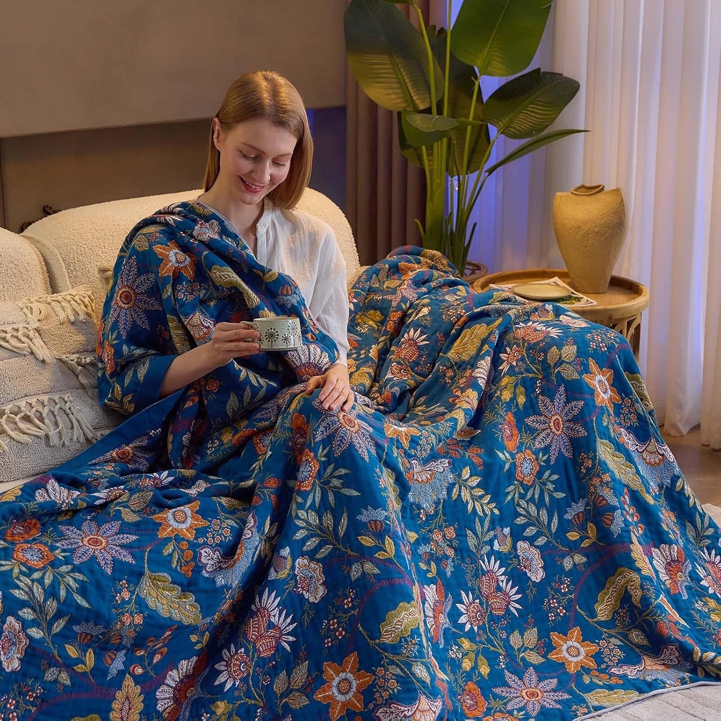 Fall Throw Blanket for Couch, Blue Boho Decorative Throw Blanket, 100% Cotton Muslin Breathable Woven Farmhouse Blankets Quilt, 80"x90" Reversible Lightweight Blankets Bohemian Throw Quilt