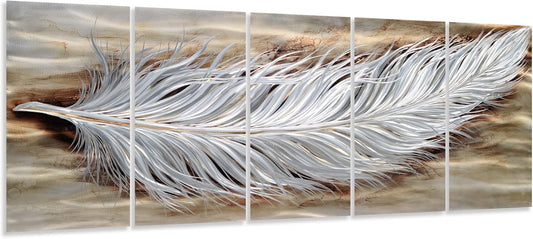 Yihui Arts Rustic Feather Metal Wall Art, Brown and Silver Aluminum Artwork, 5 Panels Artwork for Living Room Farmhouse Dinning Office Decor