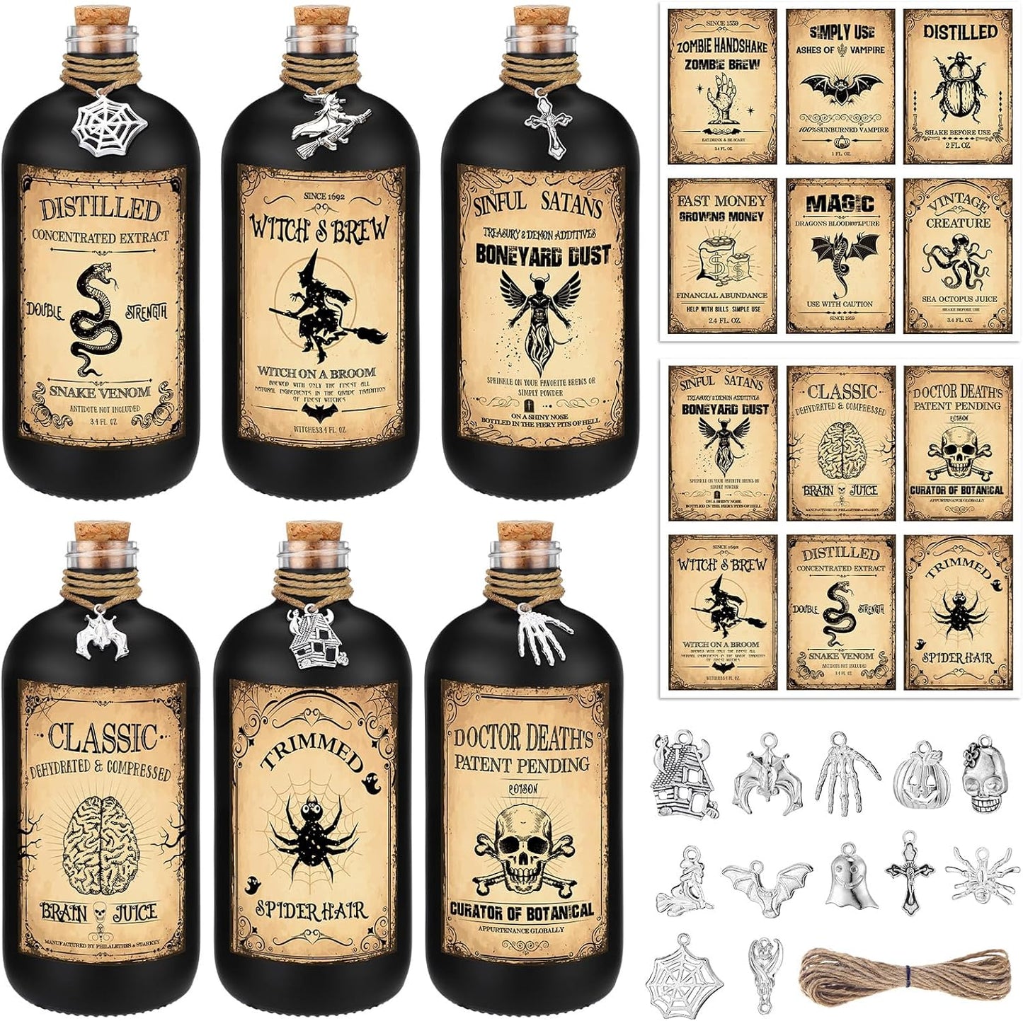 Uiifan 31 Pcs Halloween Potion Bottles Set Including Glass Apothecary Bottles with Cork Stickers and Pendants Halloween Decorations Indoor Party Supplies (Black,8.5 oz)