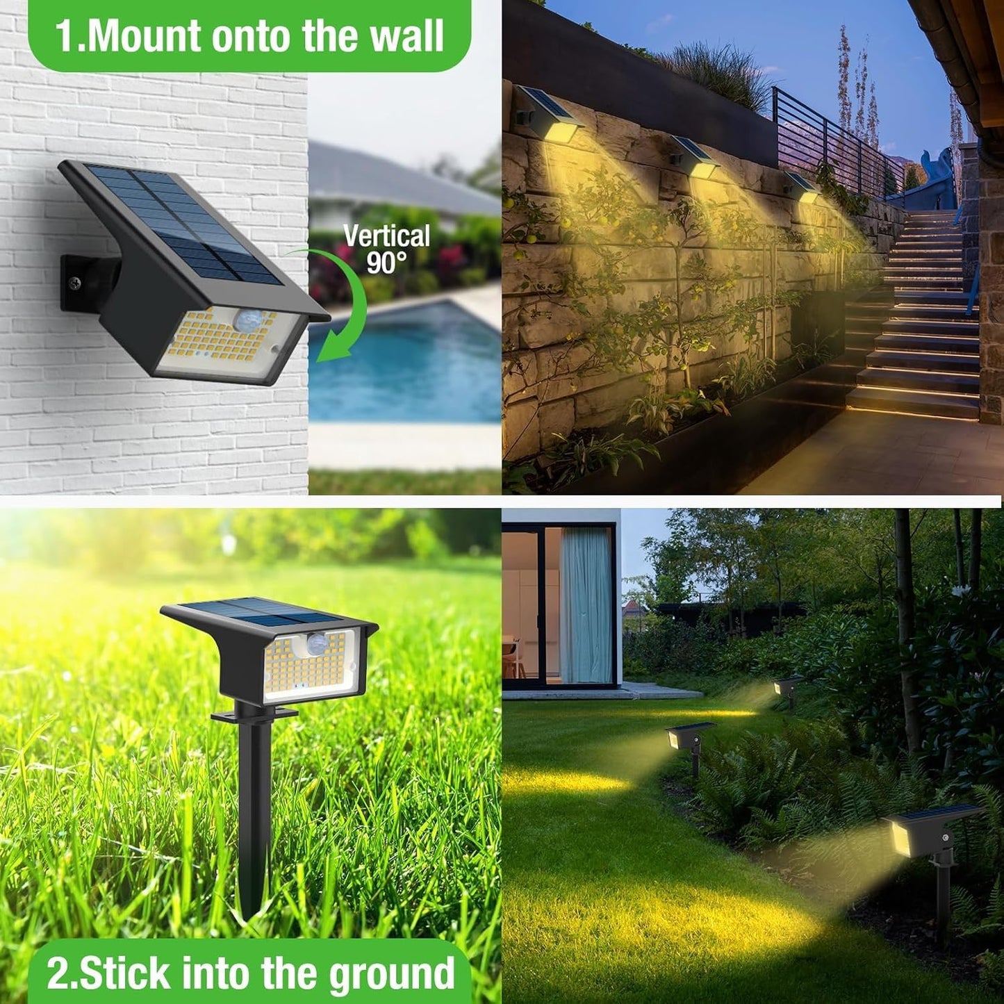 [3 Pack & 62LED]Solar Spot Lights Outdoor Motion Sensor, 3 Modes Motion Sensor Outdoor Lights 2-in-1 Solar Landscape Spotlights LED Solar lights for Outside Yard Garden Wall Pathway Walkway,Warm White