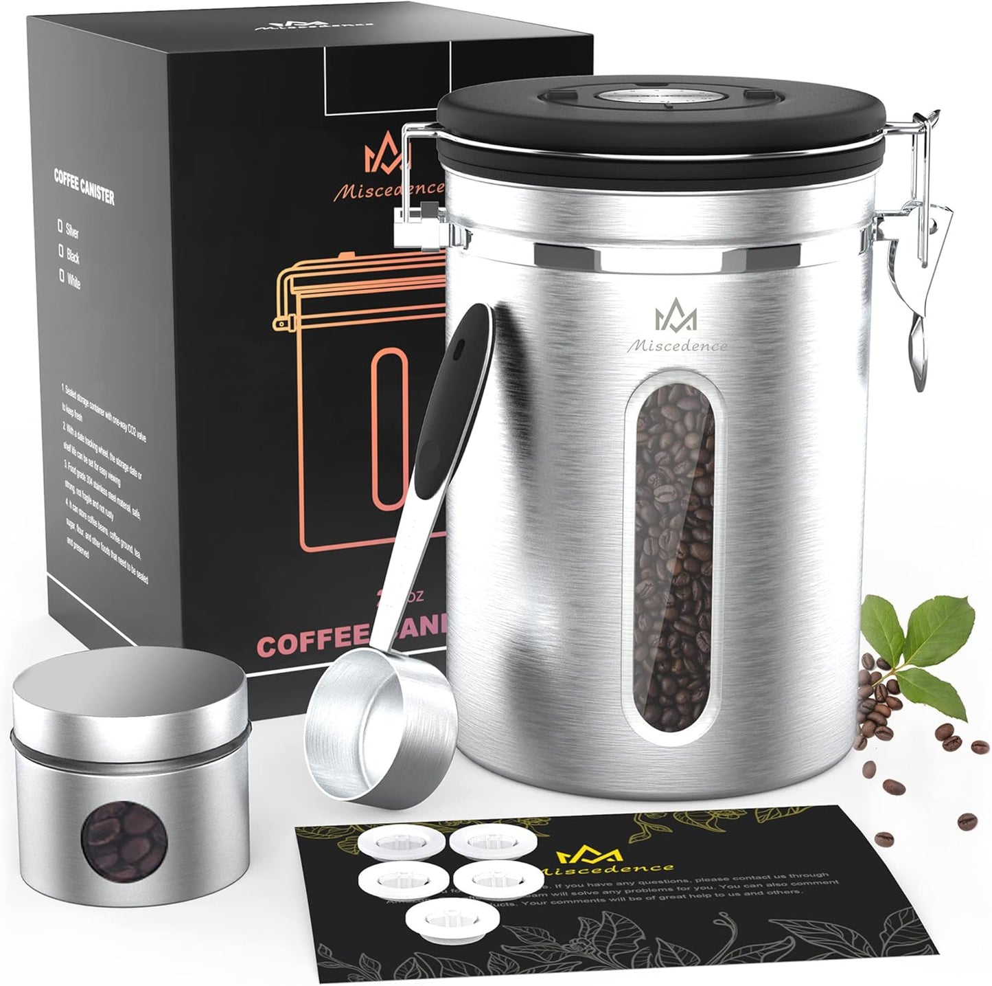 Coffee canister for ground coffee with Transparent Window,Date Tracker,CO2 Valve 304 Stainless Steel Kitchen Food Airtight storage container for Coffee Beans or Grounds, Tea, Sugar(Silver 22OZ)