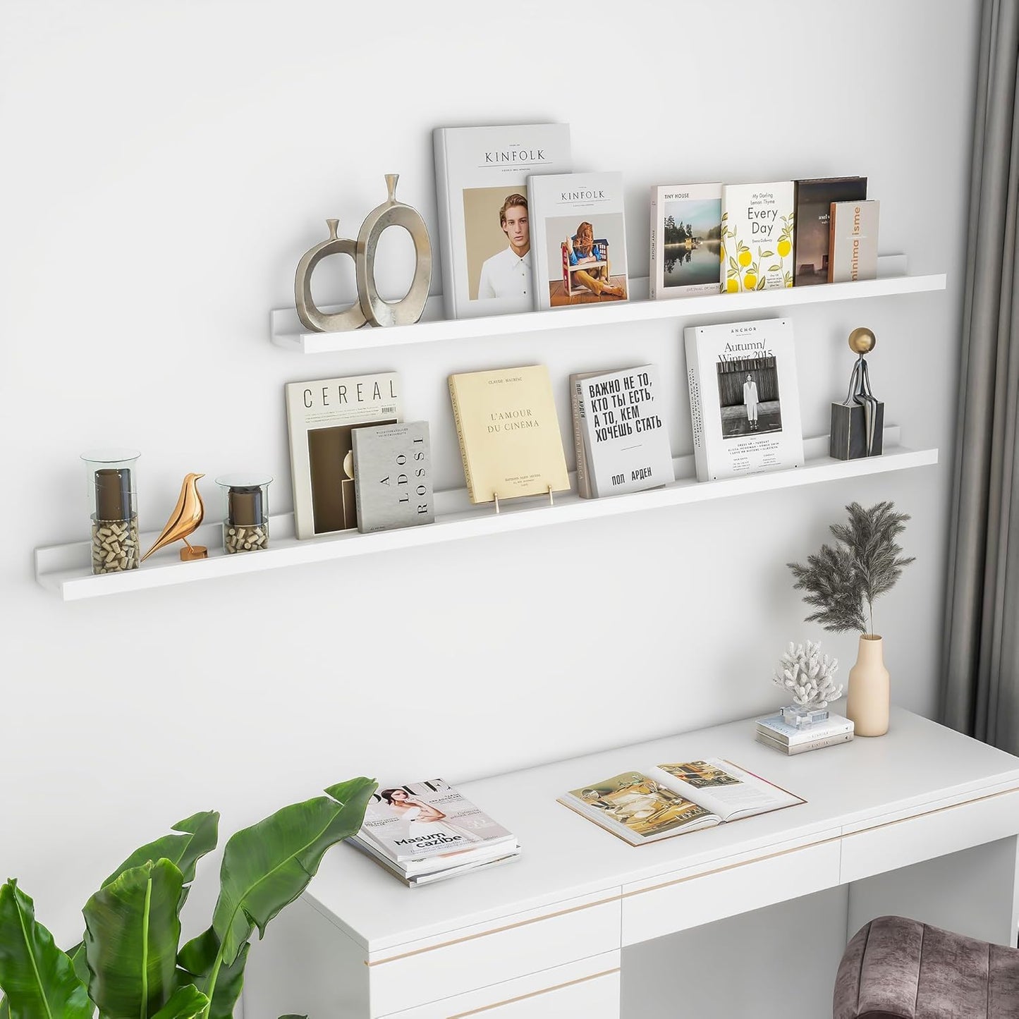 Solid Ash Wood Picture Ledge Shelf, 24 Inch Floating Shelves with Lip Set of 2, Photo Ledge Shelf Nursery Bookshelf Wall Mounted for Living Room Bedroom Decor, White