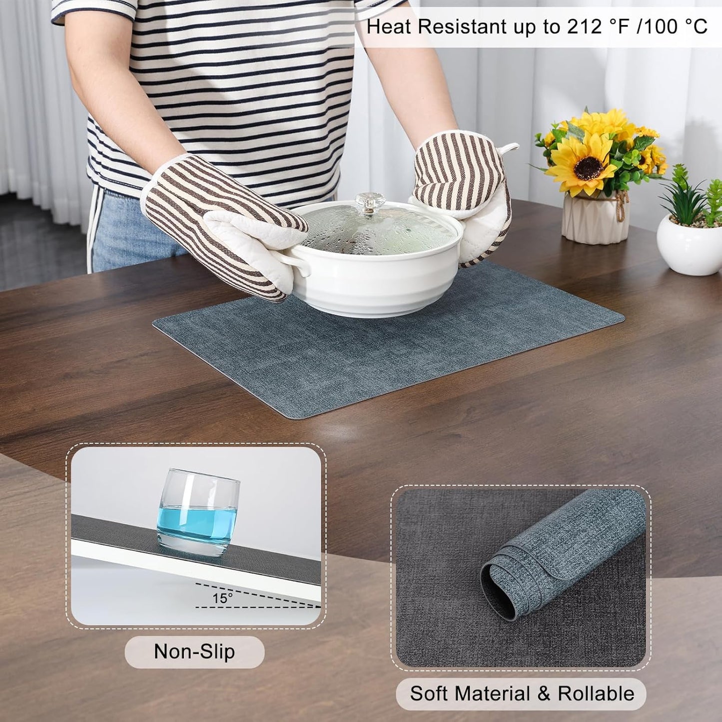 Myir JUN Dual Sided Faux Leather Placemats Set of 4 - Indoor/Outdoor Square Non-Slip Washable Table Mats (Gray Light Blue, Set of 4)