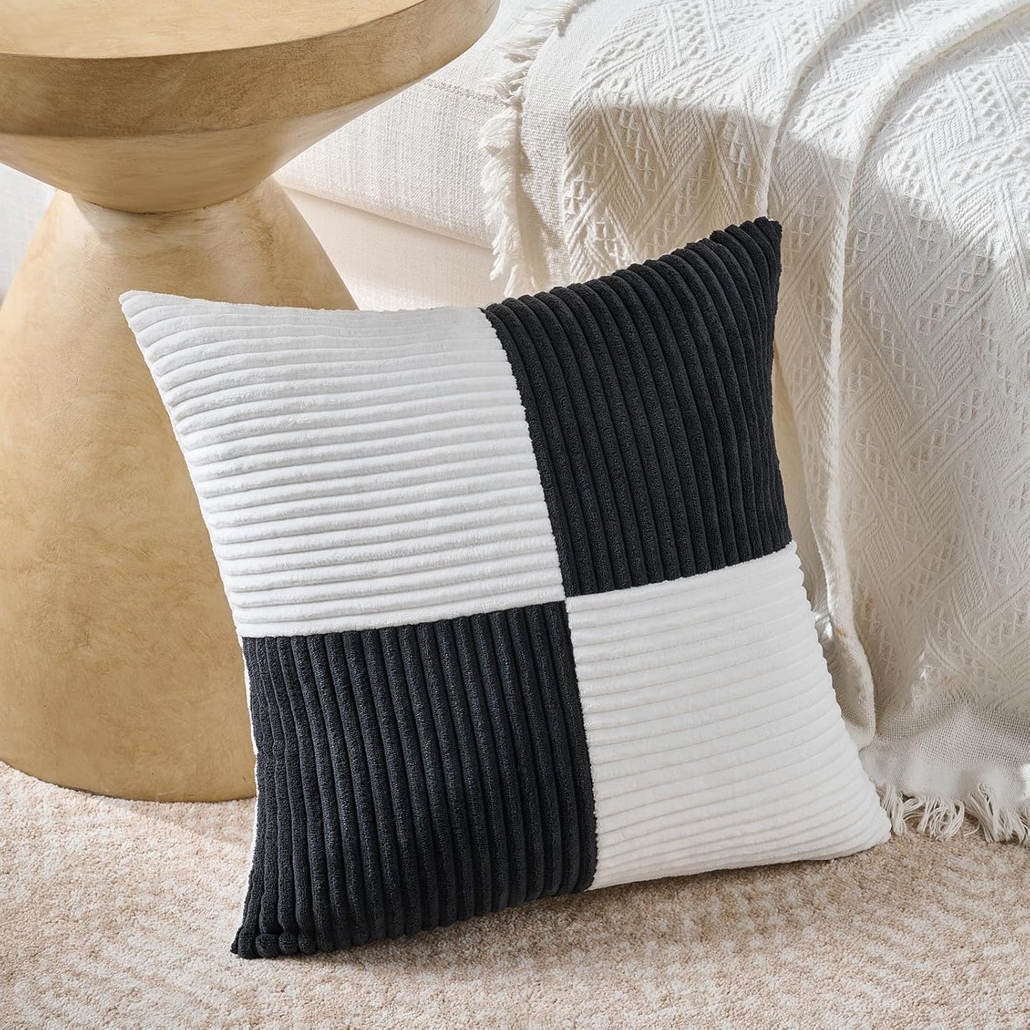 Fancy Homi Set of 2 Black White Euro Decorative Throw Pillow Covers 26x26 Inch for Bedroom Couch Bed, Farmhouse Boho Home Decor, Soft Cross Corduroy Patchwork Textured Square Cushion Case 66x66 cm