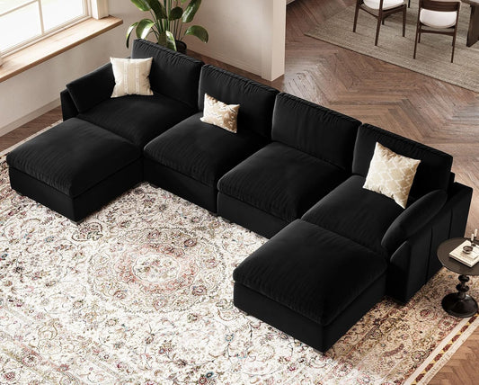 Belffin Sectional Couch with Extra Deep Seat,137.8" Cloud Modular Sectional Sofa,Convertible 6-Seater U Shaped Couches for Living Room,Oversized Comfy Velvet Black Couch