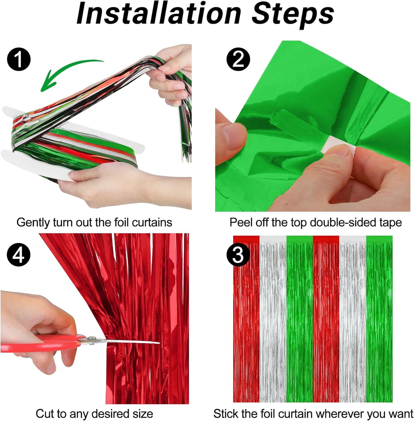 2 Pack Christmas Backdrop, 3.28 FT x 7.05 FT Red Silver Green Party Streamer, Metallic Xmas Backdrop Fringe Curtains Foil Tinsel, Christmas Decorations Wall Decor Photo Booth Props