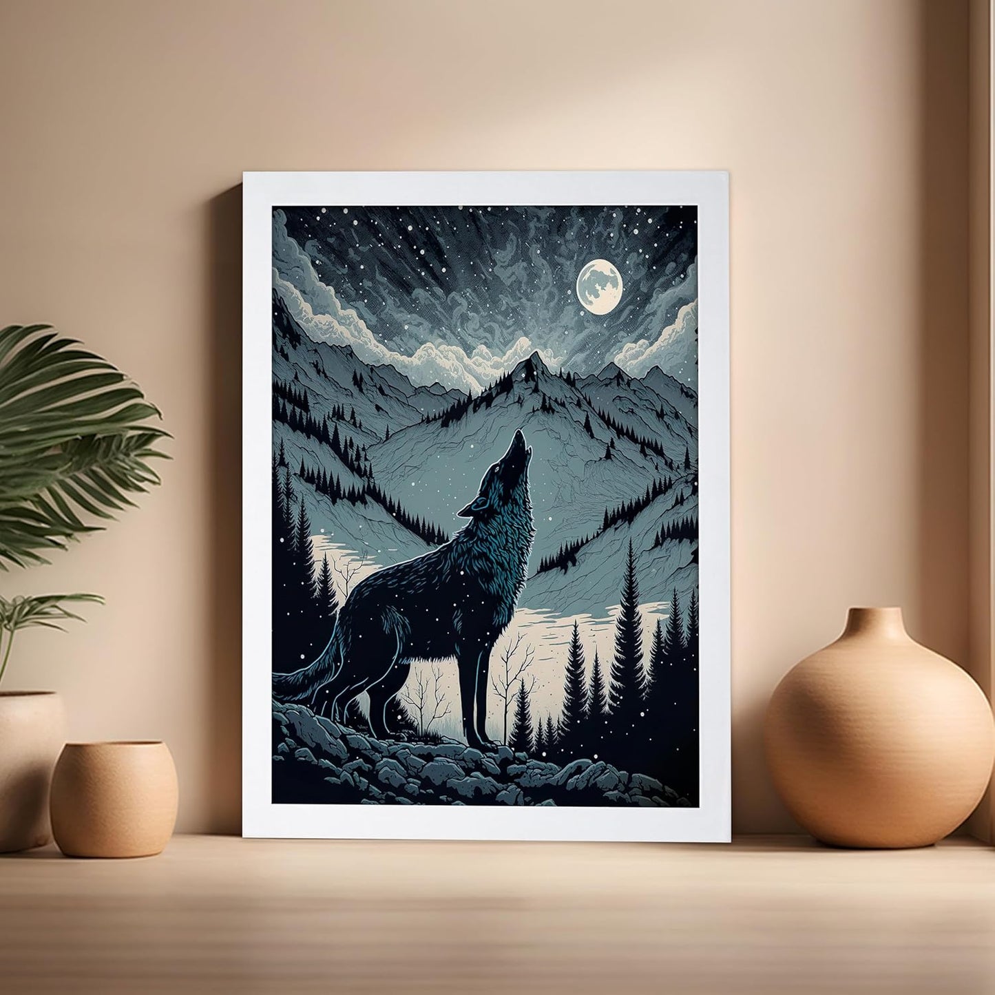 Poster Master Vintage Illustration Poster - Retro Animal Print - Gift for Artist, Friend - Wolf Howling at the Moon, Mountain, Snow, Landscape - Wall Decor for Home, Office, 16x20 White Framed