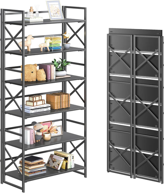 4NM 6 Tiers No Assembly Book Shelves, 61.8" H Folding Bookshelf Bookcase Open Industrial Foldable Shelves for Bedroom, Living Room, Home Office - All Black