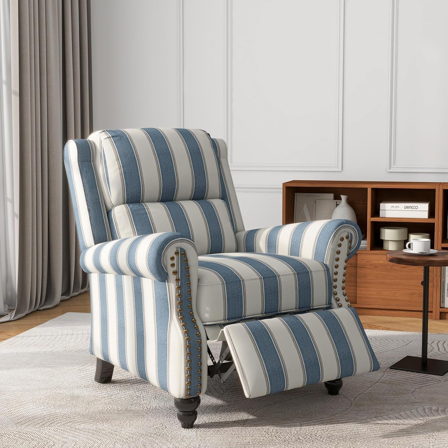 UIXE Pushback Recliner Chairs Set of 2, Fabric Overstuffed Armchair Push Back Accent Chair for Living Room, Rivet Trim Club Chair Home Theater Bedroom Side Reading Seats - Strip Navy