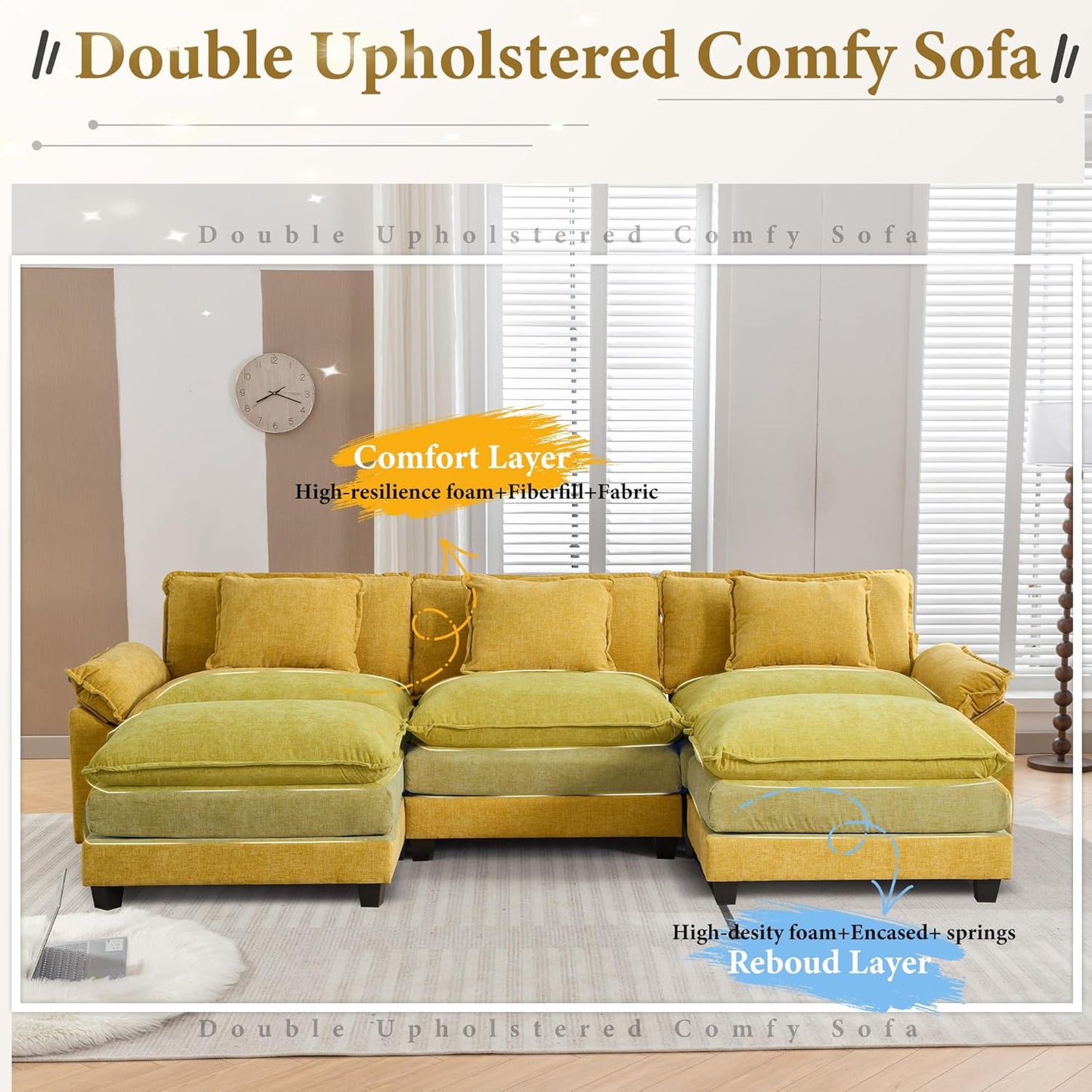 URRED Modular Sectional Sofa Comfy Cloud Couch, Modern Chenille Sofa Sleeper Deep Seat Couches with Ottoman/Pillows for Living Room (Yellow, 117'' - U Shape)