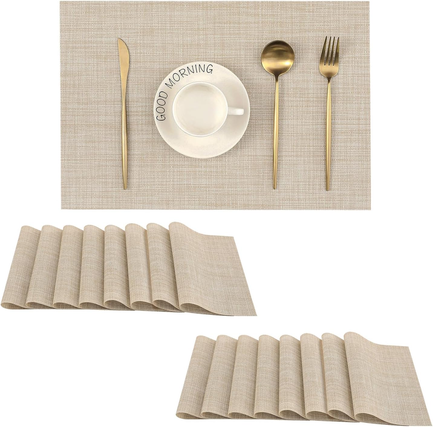 Leetaltree Beige Placemats Set of 16 - Heat Resistant Non-Slip Place mats for Dining Table, Washable Durable PVC Vinyl Woven Table Mats（Beige, 16）
