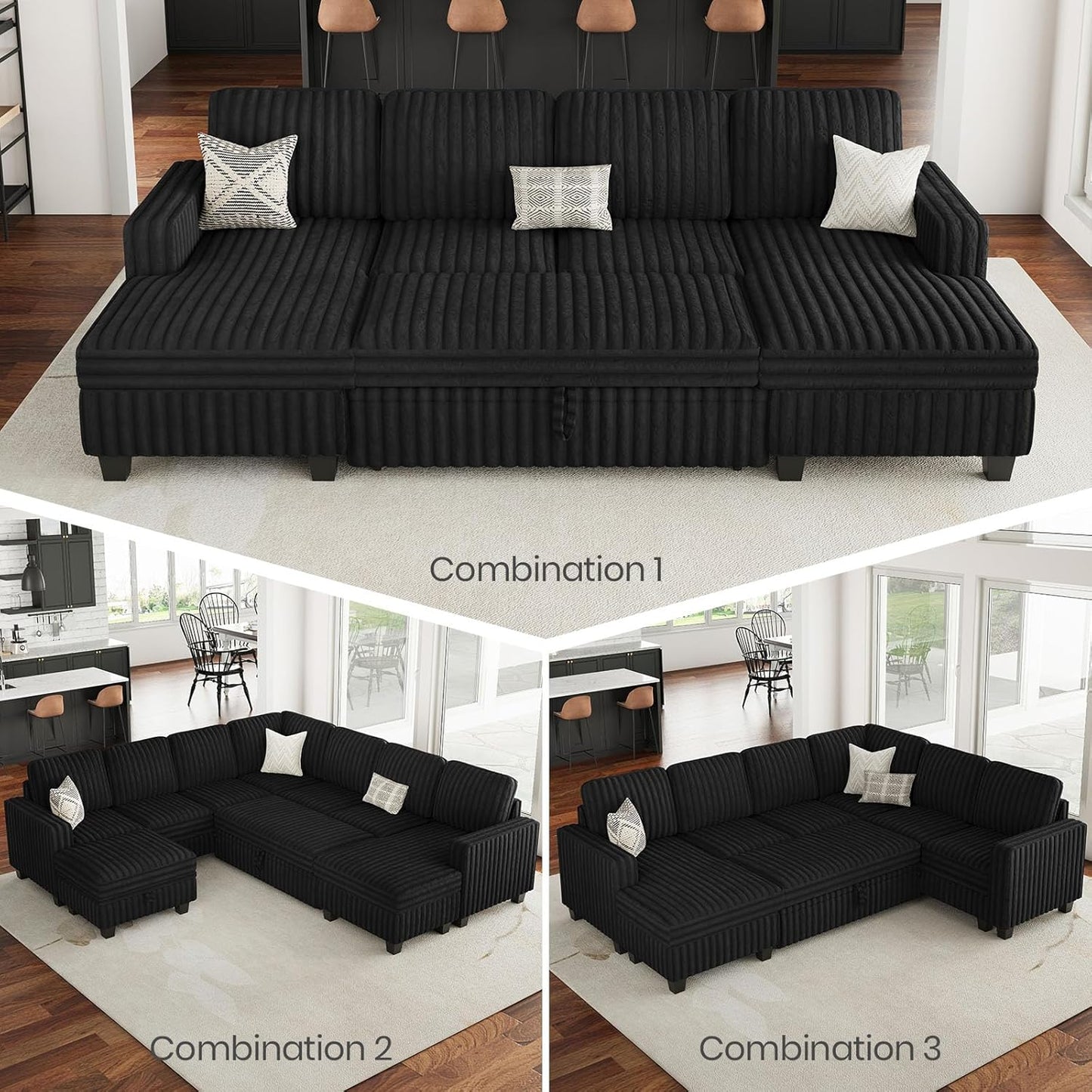 Belffin Plush Corduroy Modular Sectional Sofa with Pull Out Bed Convertible Small Sectional Corner Couch for Living Room Black Couch