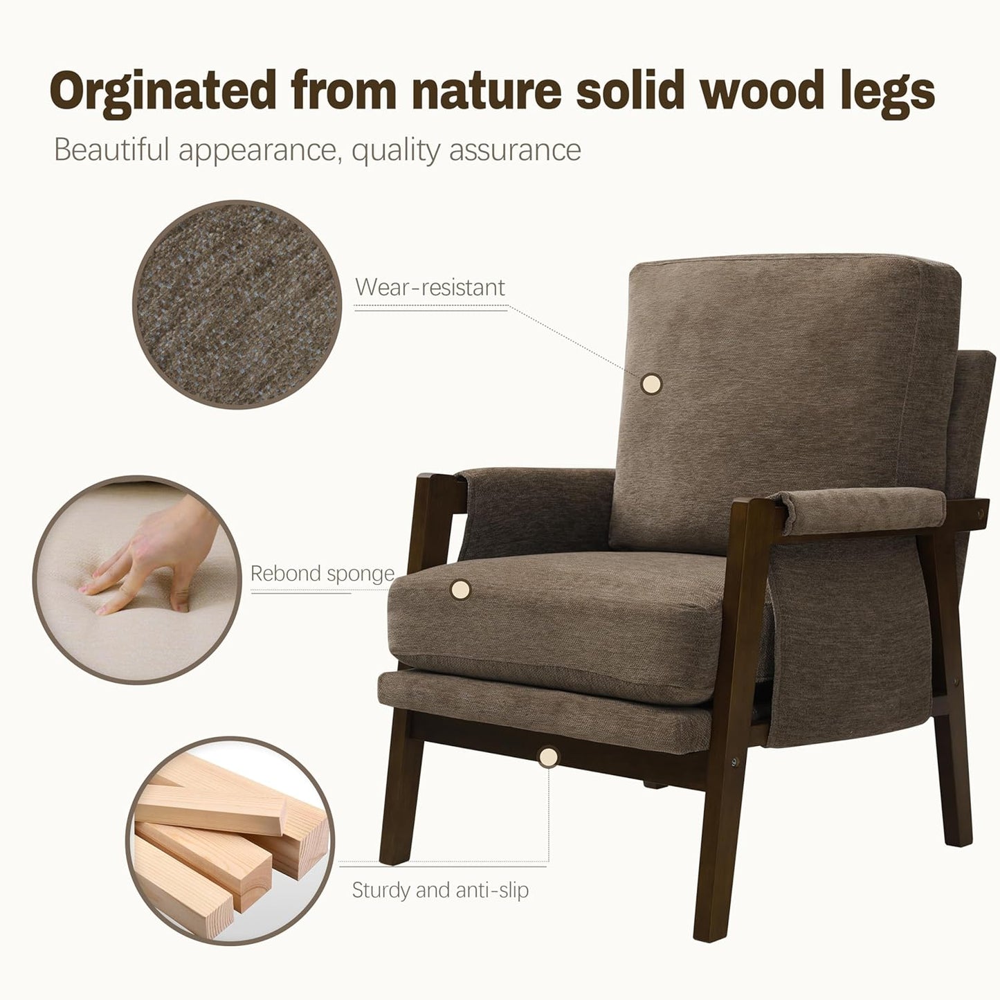 Modern Accent Chair for Living Room Mid Century Arm Chair Upholstered Bedroom Chair Comfy Lounge Chair with Solid Wood Frame, Dark Brown