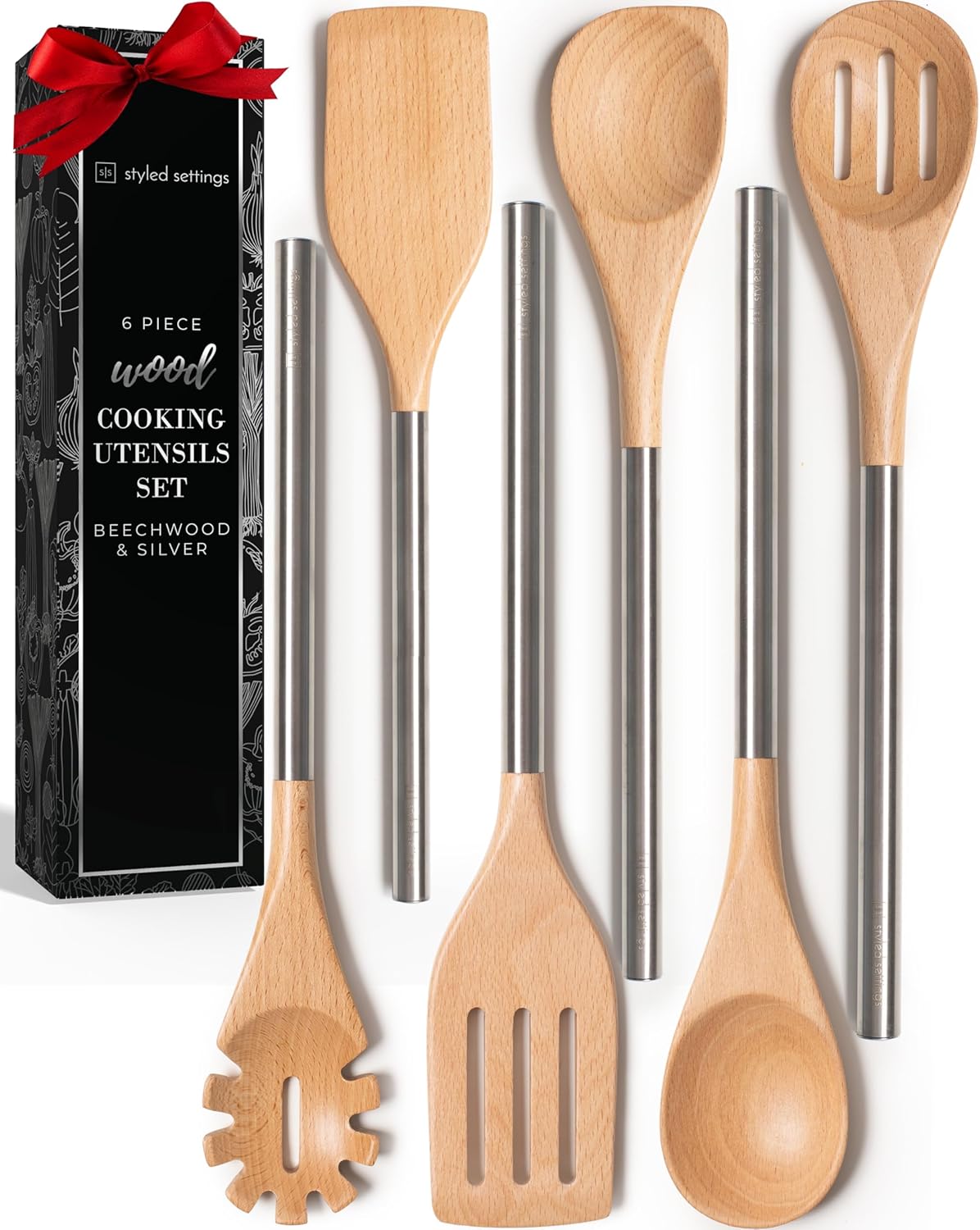 STYLED SETTINGS Wood Cooking Utensils Set with Stainless Steel Handles – 6-PC Durable Wooden Spoons for Cooking, Serving, & Mixing – Kitchen Utensils Set for Nonstick Cookware, Great for Gifting