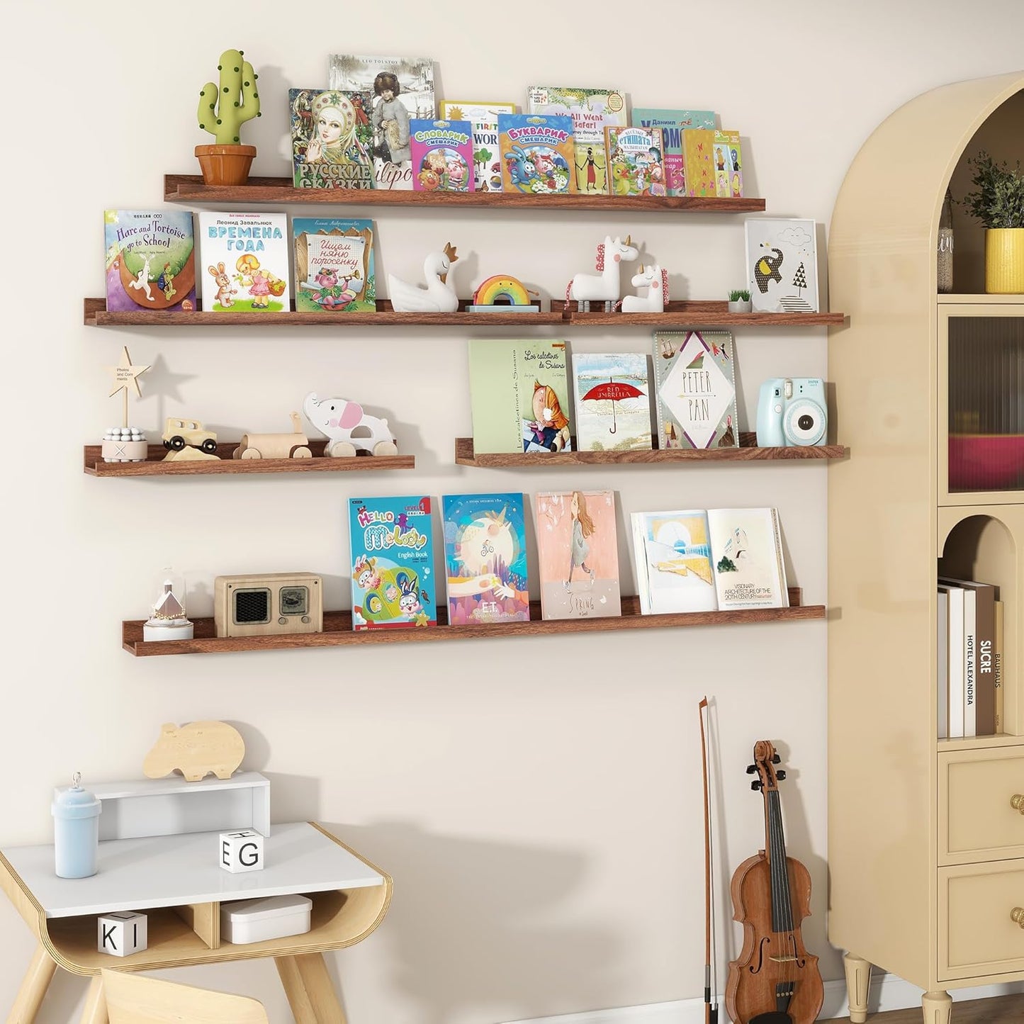 Fun Memories Picture Ledge Shelves Set of 2, 55 Inch Rustic Wall Mounted Floating Shelves with Lip for Home Storage and Décor in Bathroom, Kitchen, Nursery, Bedroom, Living Room, Walnut