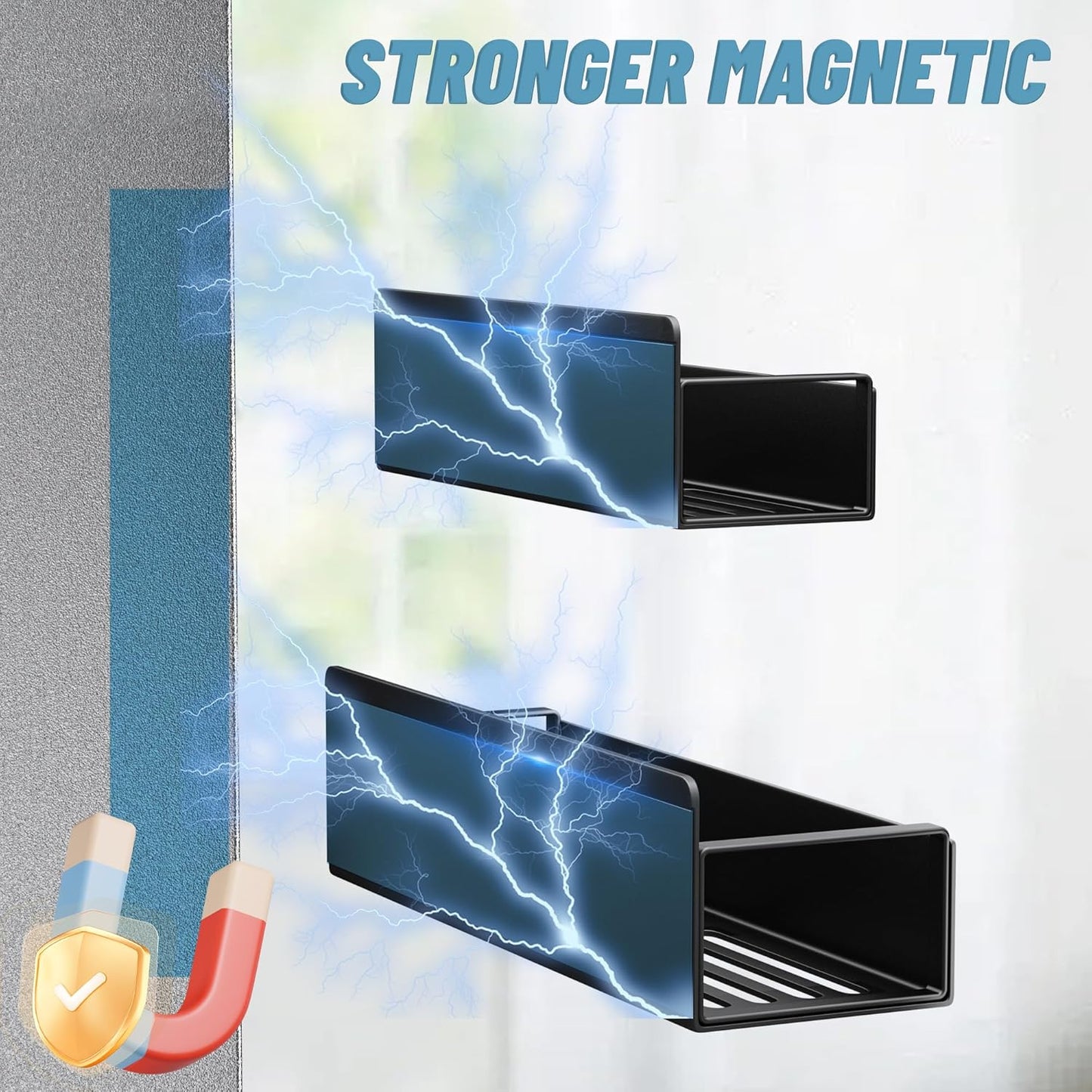 4 Pack Magnetic Spice Rack for Refrigerator, Black Magnetic Shelf for Kitchen Organizer and Storage, Mini Organizers for Oven and Fridge with 4 Hooks