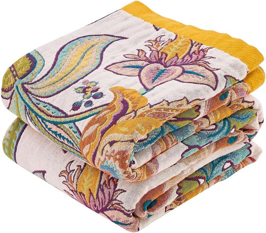 Boho Throw Blanket for Bed, 100% Cotton Soft Rustic Quilt Fall Blanket, 90"x98" Floral Printed Farmhouse Decor Bed Blankets, All Season Rustic Reversible Bohemian Throw Quilt