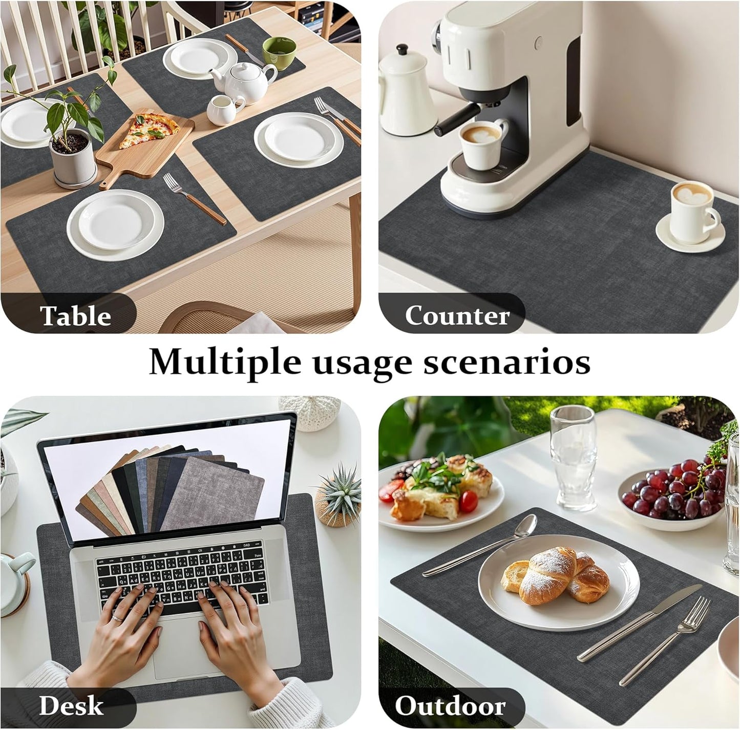 FROMHEART Faux Leather Placemats Set of 6–Waterproof,Heat/Oil Stain-Resistant PU Table Mat–Reversible,Non-Slip,Easy to Clean Place Mats for Kitchen,Dining,Indoor/Outdoor,(Dark Grey,11.8" x 17")