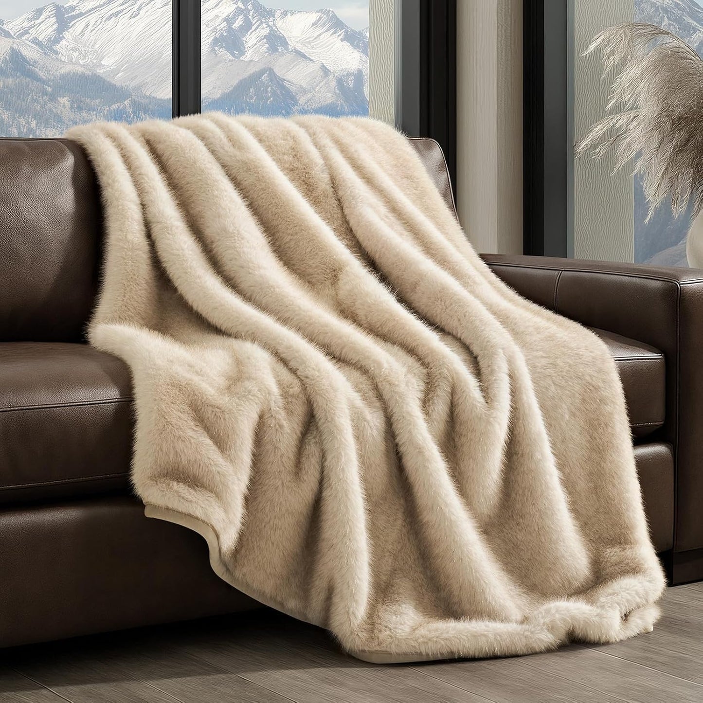 Luxury Faux Fur Throw Blanket, Soft Fluffy Faux Mink Blankets for Bed, Couch, Sofa, Thick Cozy Plush Warm Fur Throws with Reversible Velvet, Tipped Golden Fox, 60"x80"