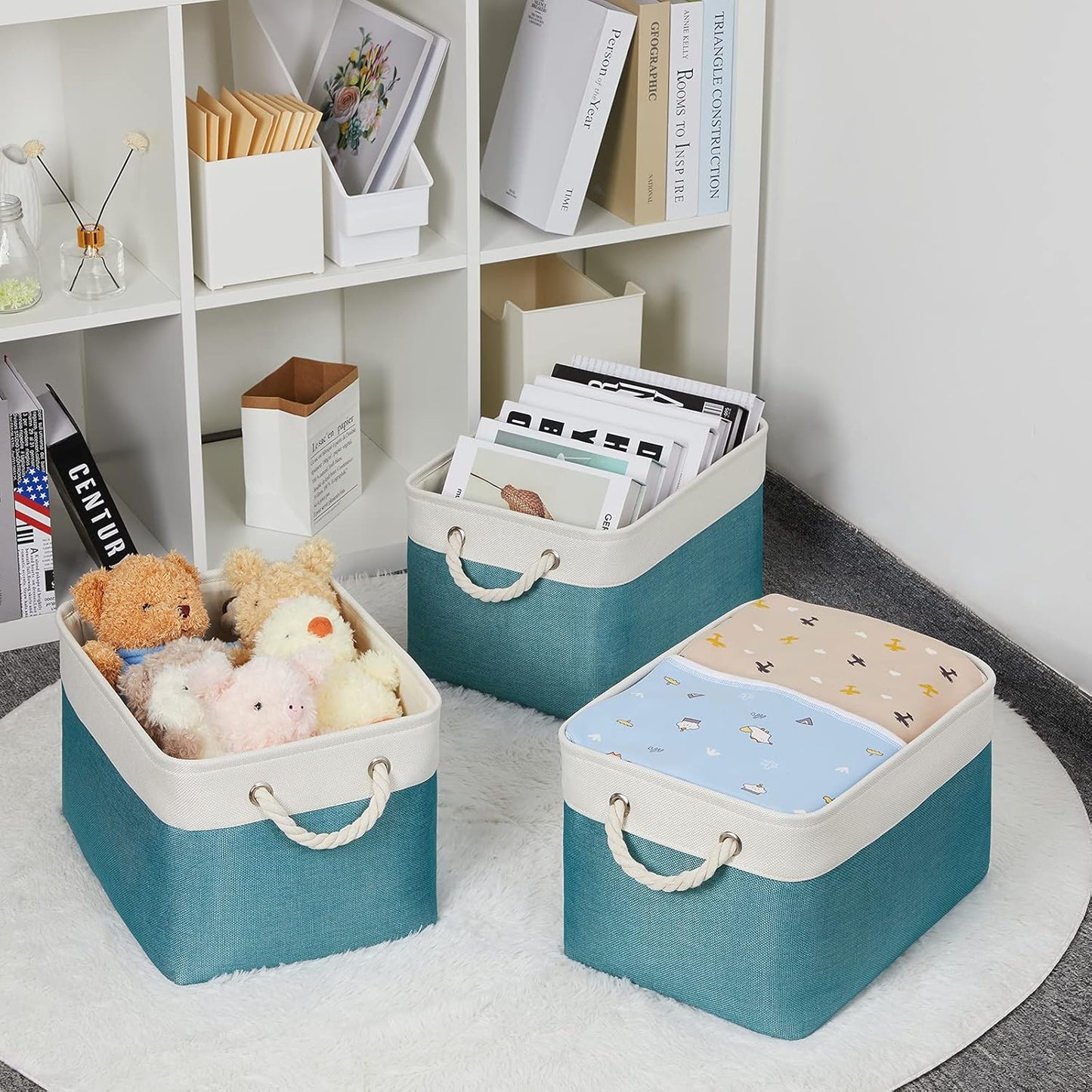 Bidtakay Basket Storage Bins with Handles Fabric Large Storage Baskets for Organizing Set of 3 Collapsible Rectangular Basket for Shelves Closet Organizer 15 X 11 X 9.5 Inches(White&Teal Blue)