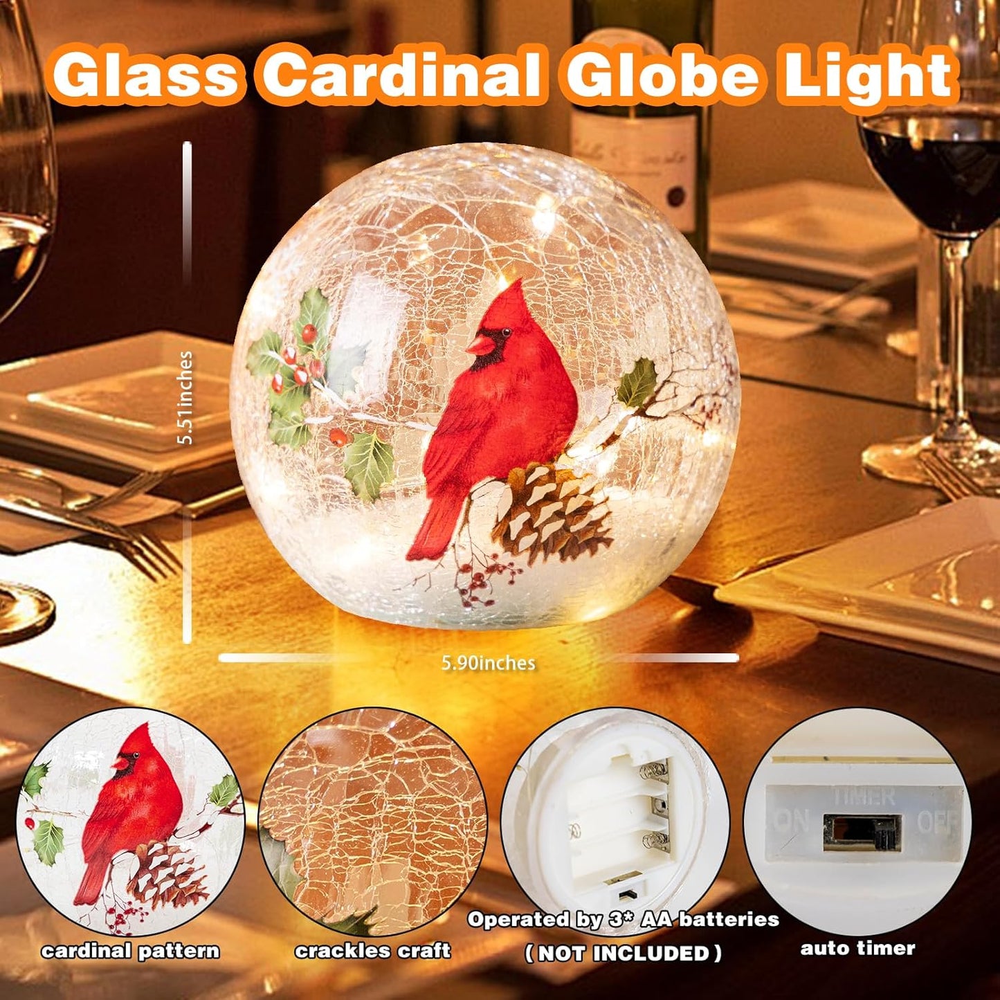 Christmas Decorations Indoor,Glass Globe Cardinal Lamp,Crackle Ball LED Lights Battery Operated,with Timer Snowflake Inside,Red Bird,Night Light for Table Decor (Large)