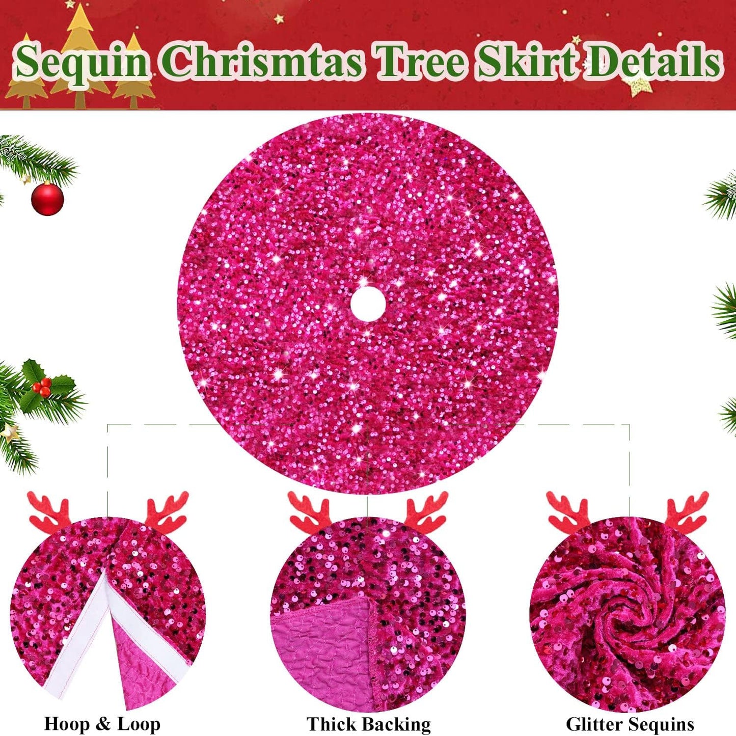 MODFUNS Glitter Tree Skirt 36 Inch Velvet Xmas Tree Skirts Hot Pink Sequin Christmas Tree Skirt Thick Sparkly Tree Skirting Cover for Xmas Tree Skirts Merry Christmas Home Glittering Tree Mat