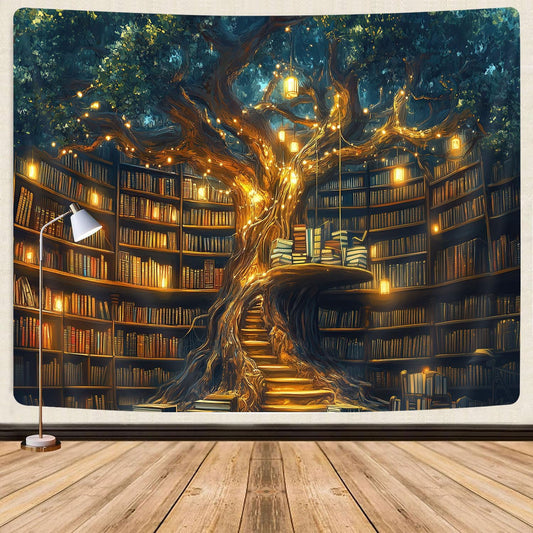 GOAOK Fantasy Library Tapestry For Classroom, Mysterious Tree Magic Bookshelf Aesthetic Tapestries, Witchy Fairytale Tree Vintage Bookshelf Book Art Tapestry Wall Hanging College 40"X30"