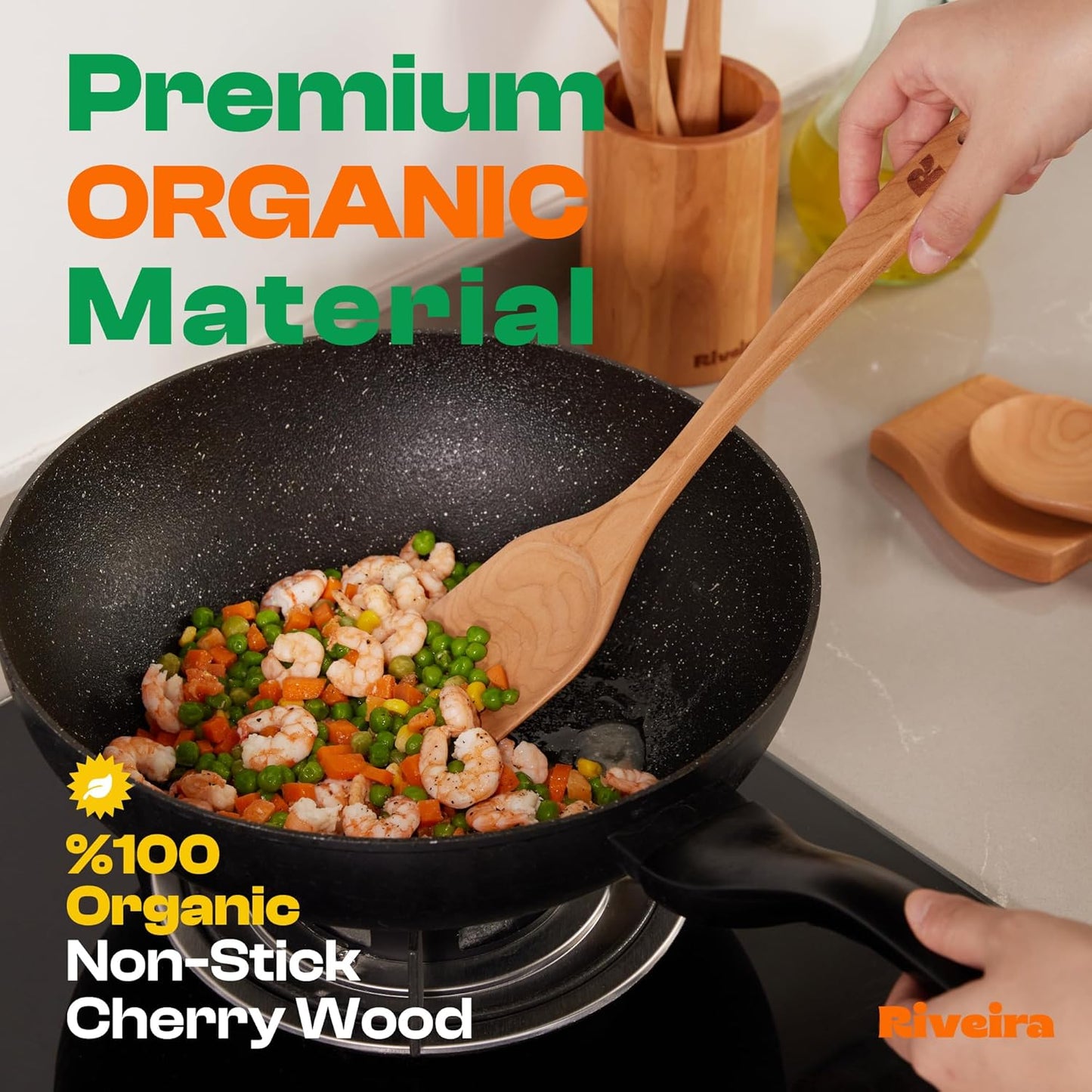 Riveira Cherry Wooden Spoons for Cooking Set of 6 – Natural Cherry Wood Cooking Utensils, Wooden Spatula, Wooden Spoon - Premium Quality Wooden Utensil Set for Non-Toxic Cooking