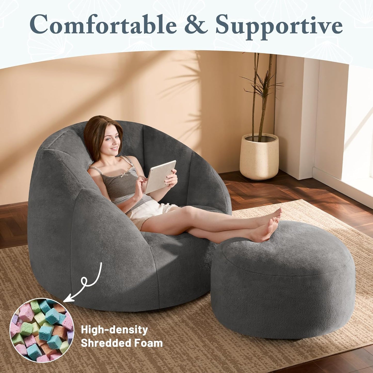Giant Bean Bag Chaise Lounge Indoor Chair for Adults - Comfy Plush Round Shell Soft Accent Chair, Oversized Cozy Floor Sofa for Living Room, Bedroom & Game Rooms, Gray