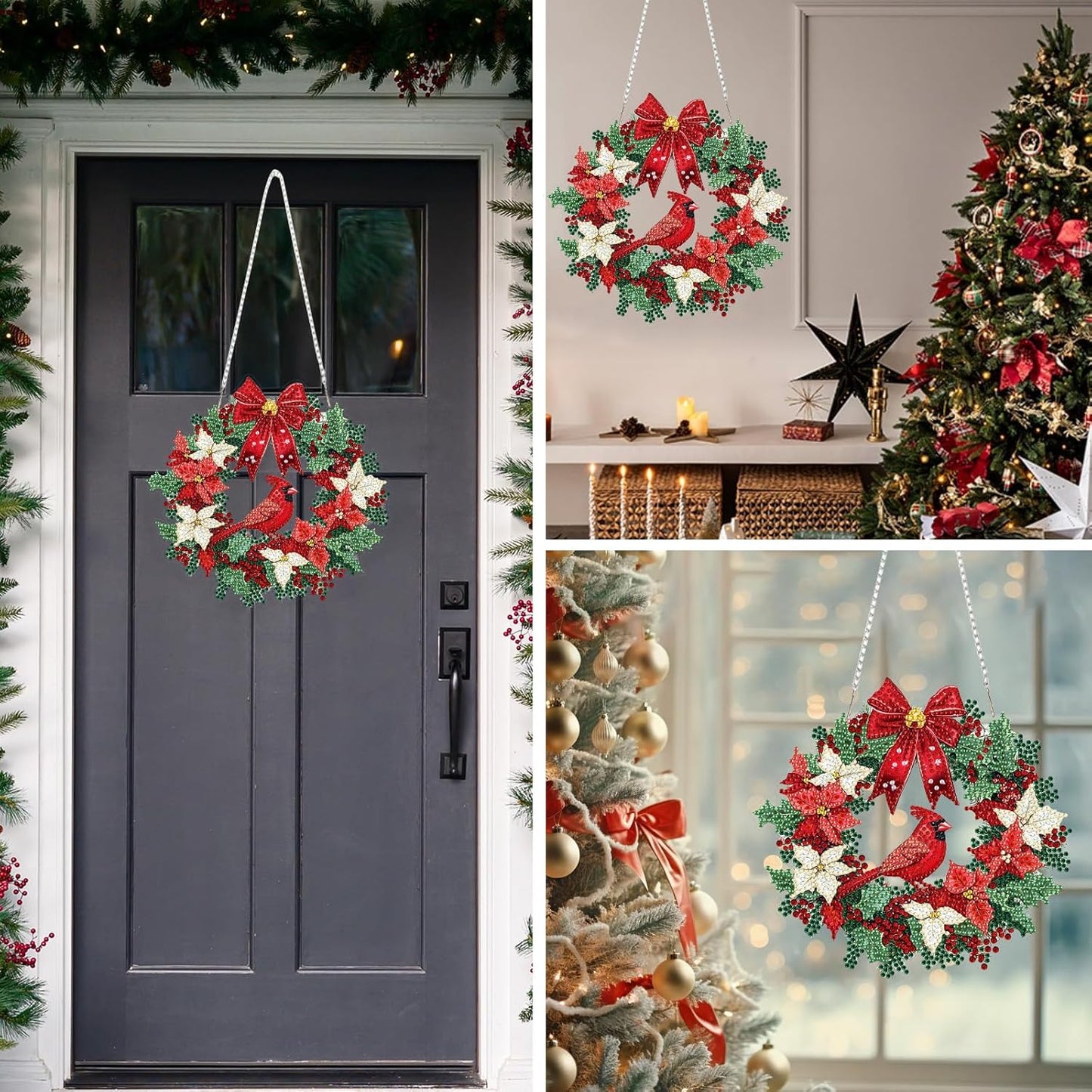 MEIYUDA Christmas Diamond Art Hanging Kits for Adult, Cardinal Wreath Diamond Painting Hanging Kits Ornaments, DIY Special Shaped Rhinestone Window Pendants kit for Home Garden Wall Decor Gift