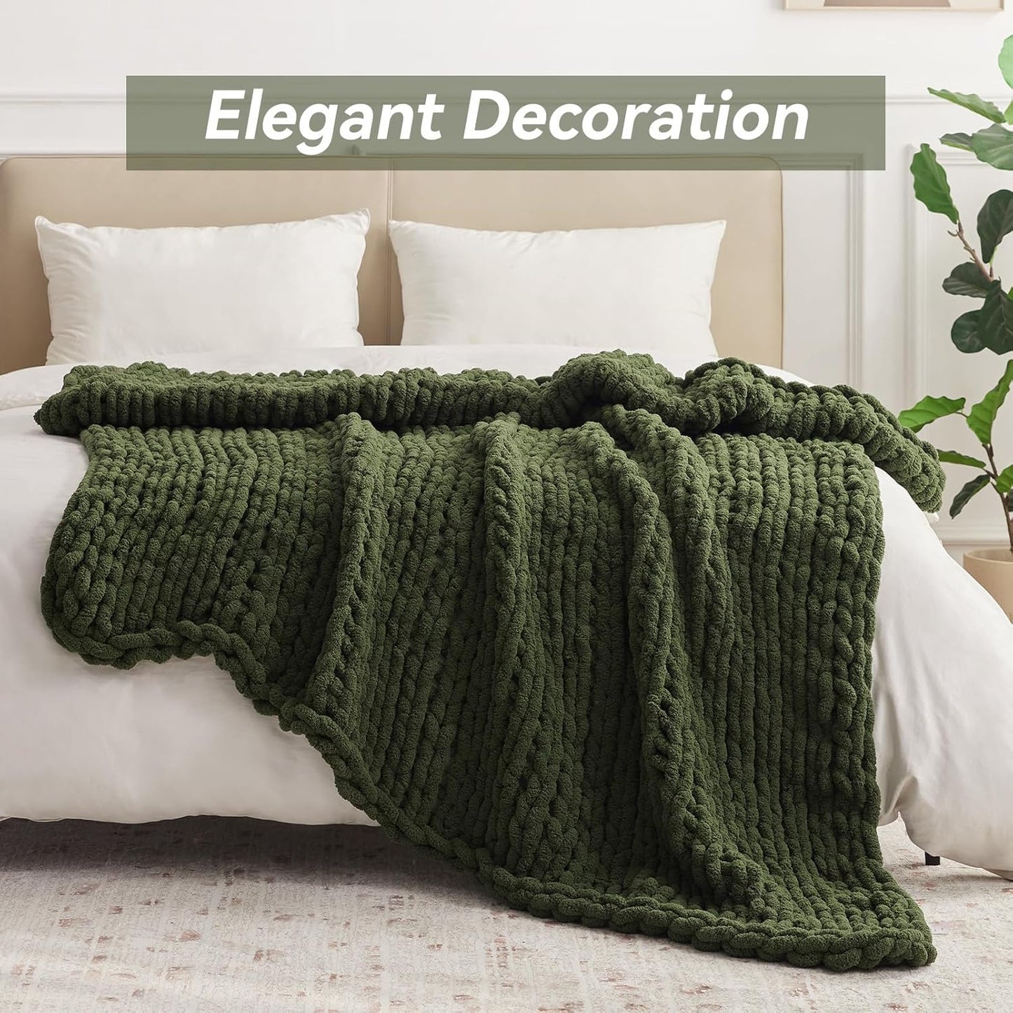 Chunky Knit Throw Blanket, 40''*50'' Knitted Throw Chenille Yarn for Bed Couch, Handmade Green Crochet Big Thick Blanket, Machine Washable Cute Comfy Blanket for Home Decor