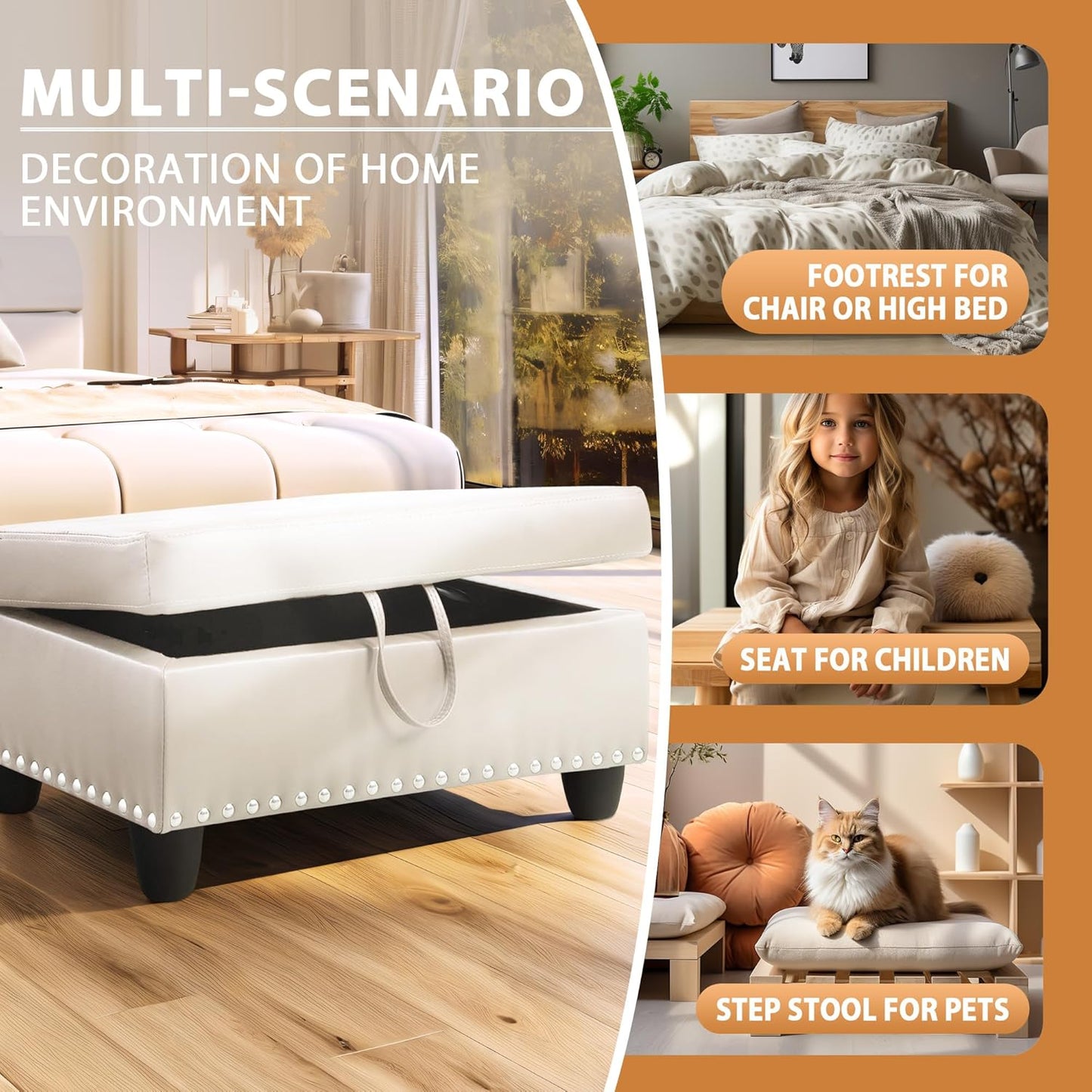 Ottoman Rectangular Storage Ottoman Bench, Faux Leather Footrest, Coffee Table, Stool Footstool with Hinged Lid for Living Room, Bedroom, Entryway, White, 28.5"x19"x17.5"