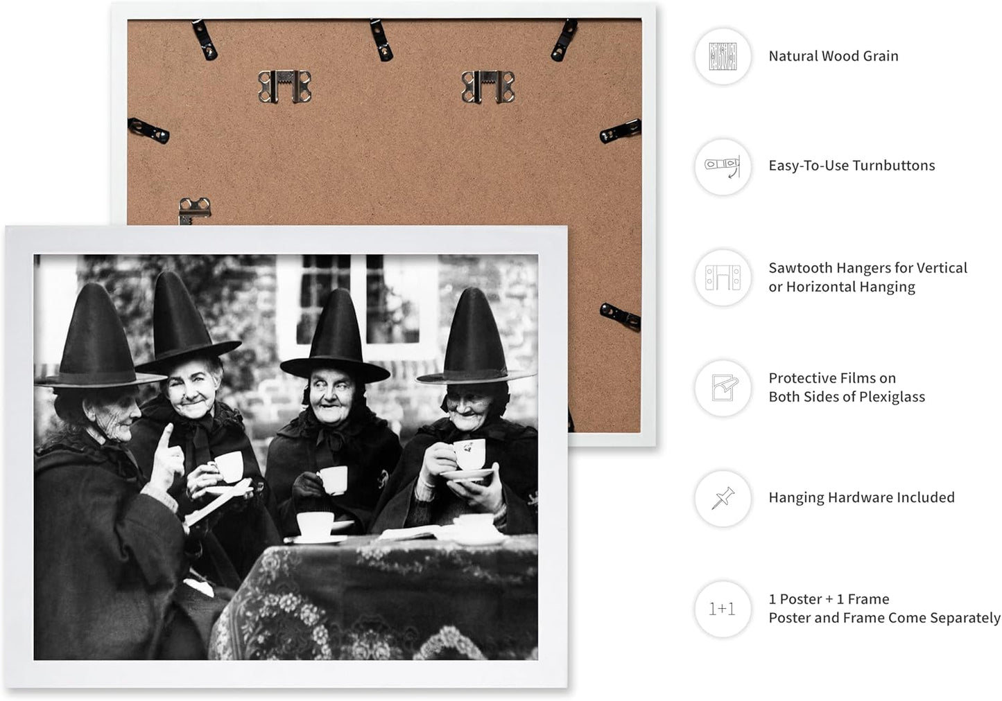 Poster Master Classic Photograph Poster - Vintage Halloween Print - Gift for Artist, Friend - Witches Tea Party, Old Women Smiling, Wearing Robes - Wall Decor for Living Room, 8x10 White Framed