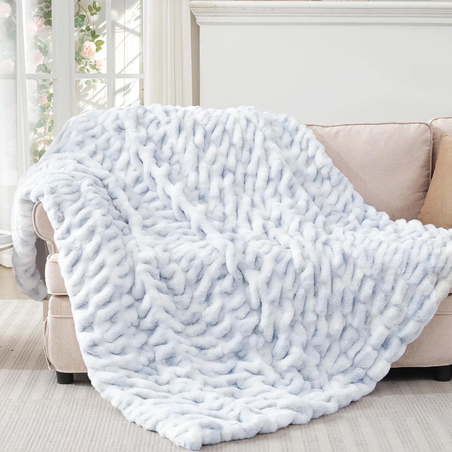 Touchat Ruched Faux Rabbit Fur Throw Blanket, 700 GSM Luxury Dual-Sided Soft Cozy Blanket, Fuzzy Fluffy Plush Blanket for Bed, Couch and Sofa - 50"x60", Tie-dye Blue