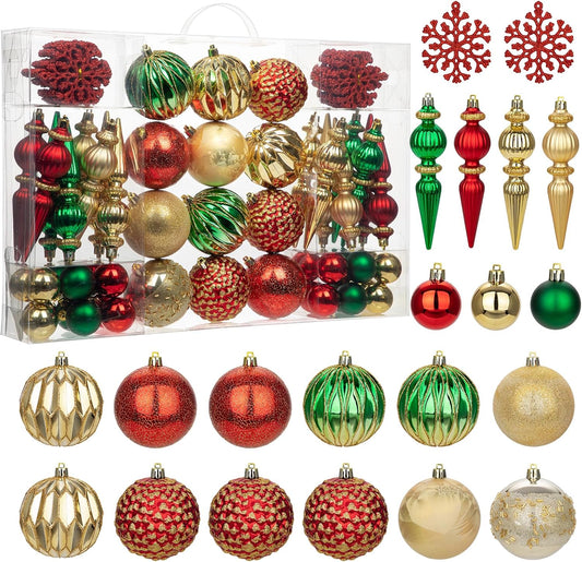 92ct Christmas Tree Decoration Set - Shatterproof Christmas Baubles with Strings for Wreath, Garland & Party Decoration, Red-Green