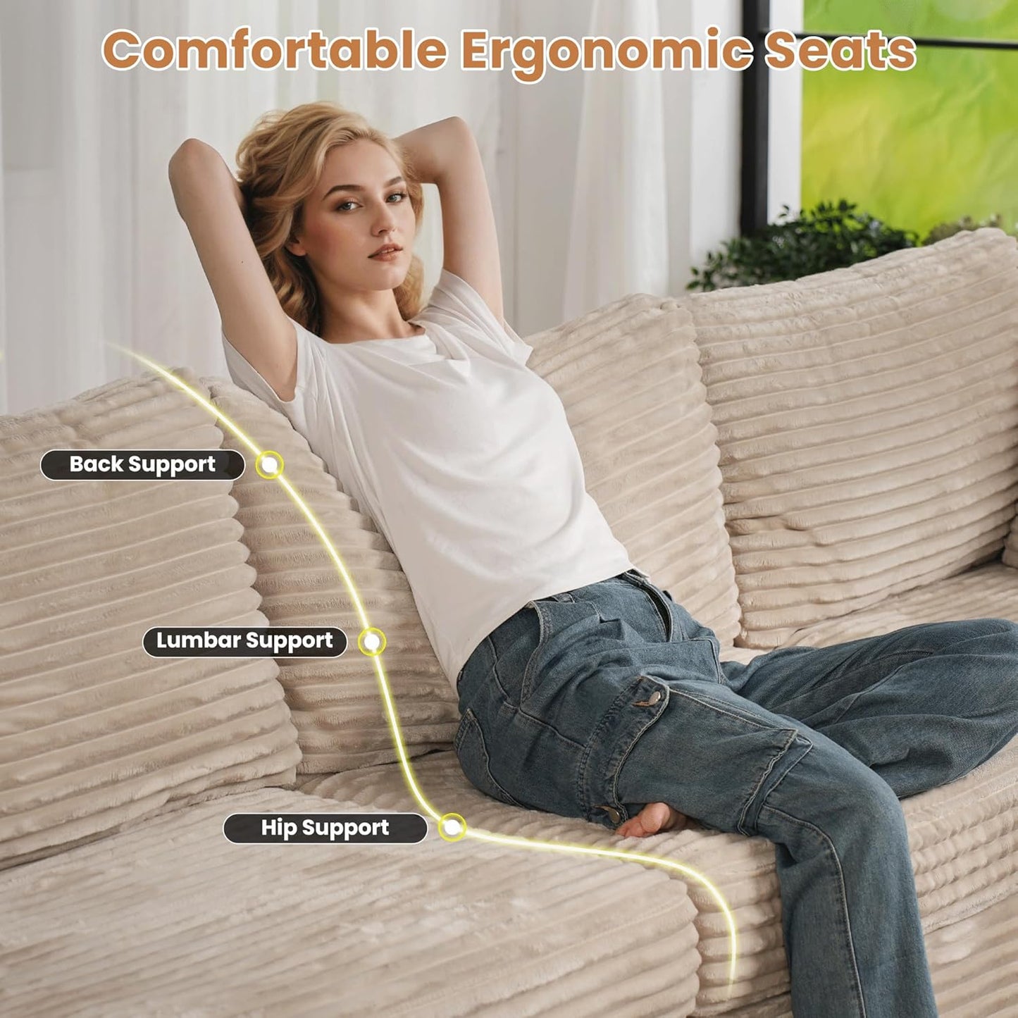 ovios Sectional Sofa Couch with U-Shape Chaise Sofa Bed, Comfy Modular Cloud Couches with Deep Seat, Modern Upholstered Plush Corduroy Sofas Set for Living Room, 6-Seater, Beige