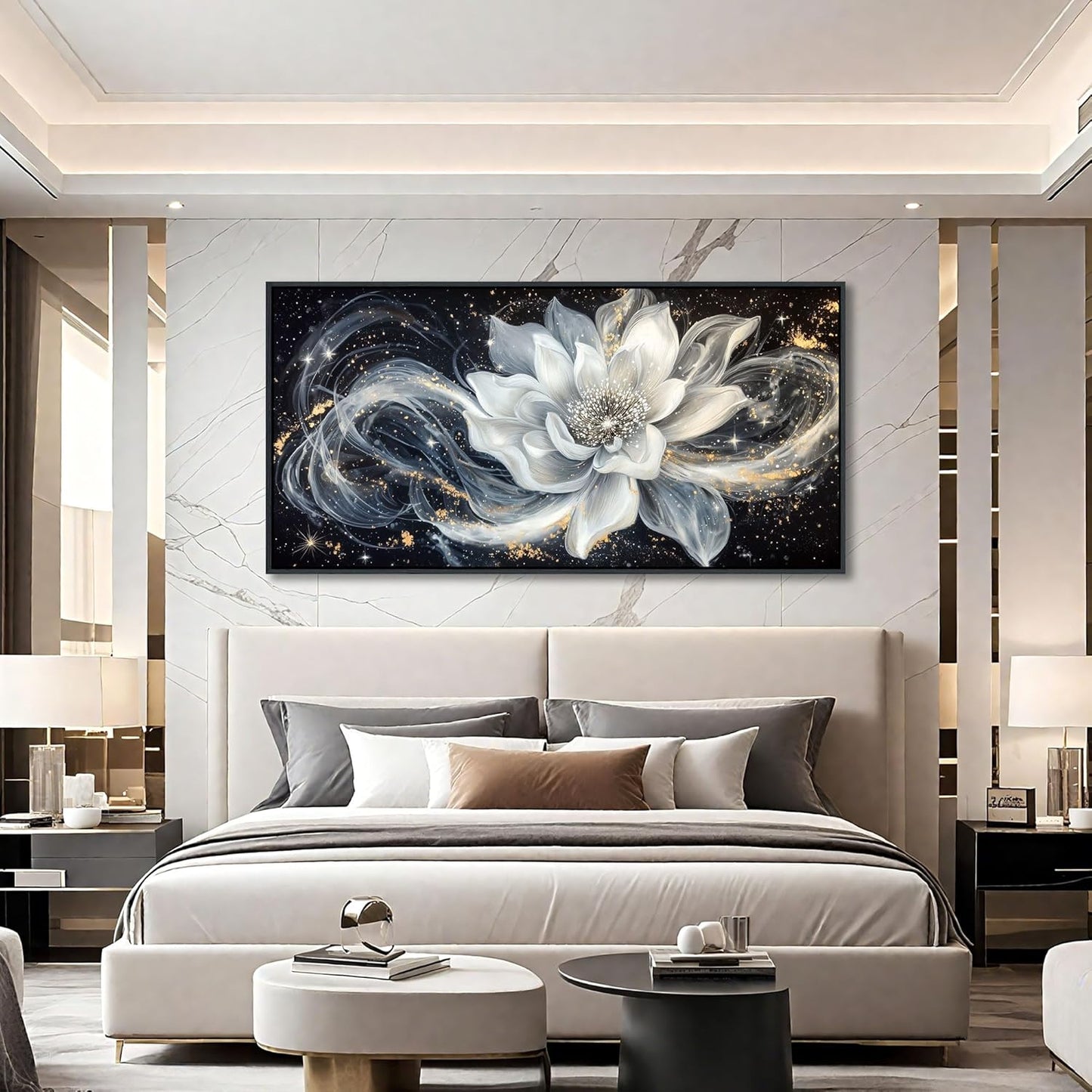 QZQCBLC Large Framed Wall Art, Black and White Lotus Wall Art Modern Abstract Flower Pictures Gold Silver Canvas Painting Artwork for Living room Bedroom kitchen Home Office Decor 29x58 IN