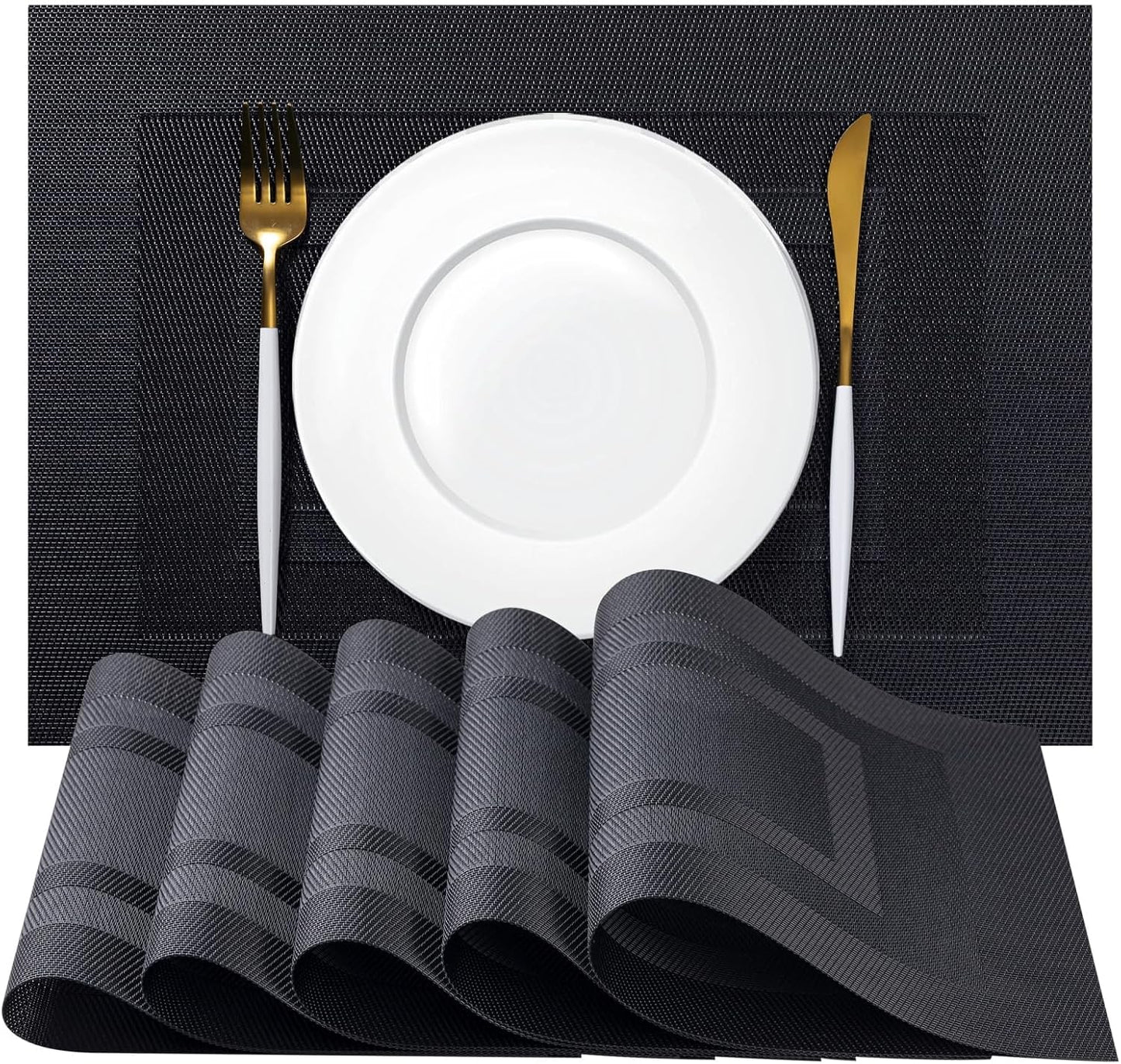 Placemat Set of 4 - Easy Clean Woven Vinyl Placemats for Dining Table, Indoor/Outdoor Place Mats, Washable PVC Table Mats（Black Cube）