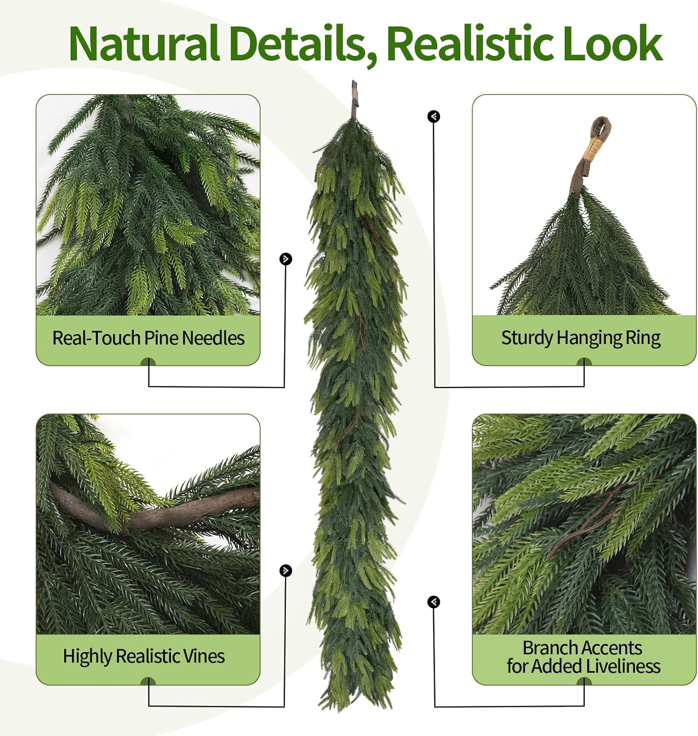 Christmas Decorations – 6FT Artificial Norfolk Pine Greenery Garland, Real Touch Christmas Garland for Mantel, Staircase, Fireplace, Front Door, Indoor & Outdoor Holiday Decor (1, 6FT)