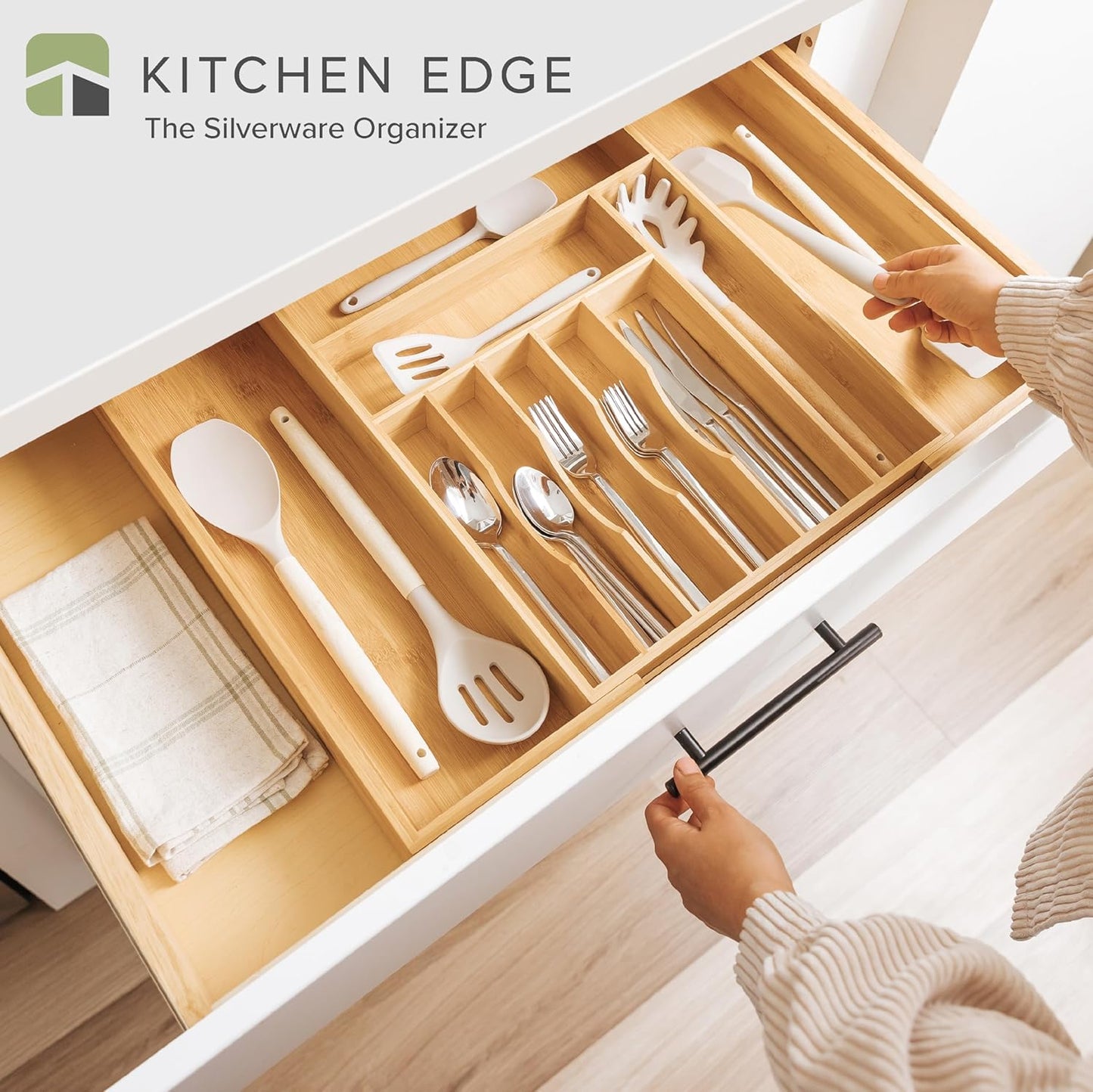 Premium Silverware, Flatware and Utensil Organizer for Kitchen Drawers, Food-Safe Contract Grade, Expandable from 14 to 25 In, Natural Bamboo