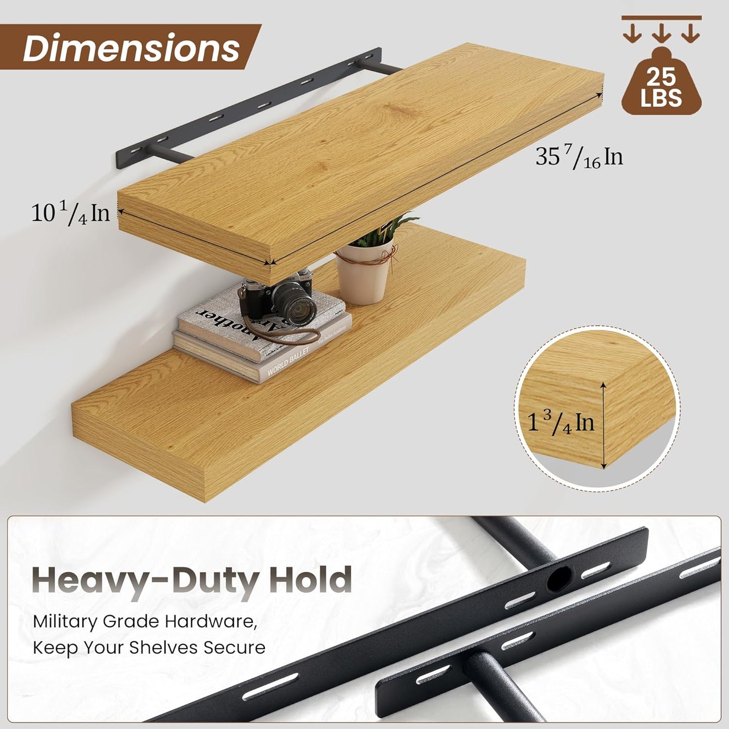 Heimlove 36 Inch Floating Shelves for Wall Set of 2,Oak Wall Shelves for Storage & Decor - Heavy Duty with Invisible Brackets,Perfect for Living Room,Bedroom,Home Office