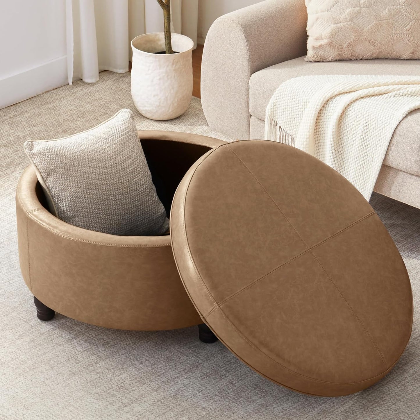 30-Inch Round Storage Ottoman, Modern Ottoman Coffee Table with Removable Top for Living Room, Bedroom, Office （Light Brown）