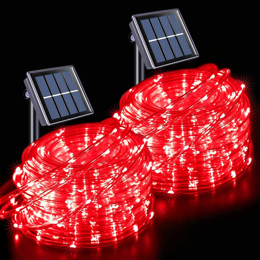 JMEXSUSS Solar Rope Lights, 2 Pack 100 LED 33ft 8 Modes Solar Rope Lights Outdoor Waterproof Red LED Christmas Light for Tent Gazebo, Trampoline, Walkway, Pool Decor(Red)