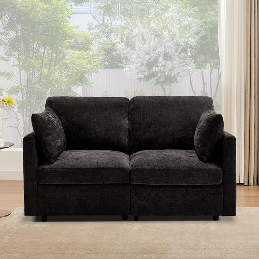 Tbfit 59" Loveseat Sofa, Chenille Small Sofa Couch, Love Seat with 2 Pillows for Small Space, Bedroom & Living Room, Black