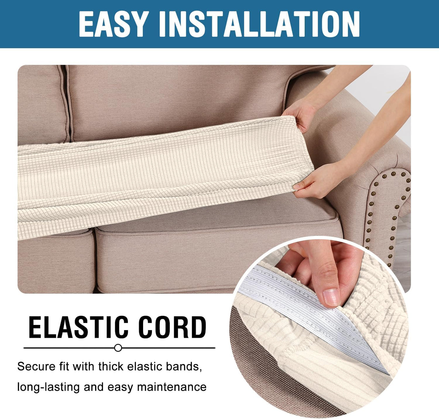 H.VERSAILTEX Super Stretch Individual Seat Cushion Covers Sofa Covers Couch Cushion Covers Slipcover Sets Thick Jacquard Textured Twill Fabric (1 Piece Loveseat Cushion Cover, Natural)