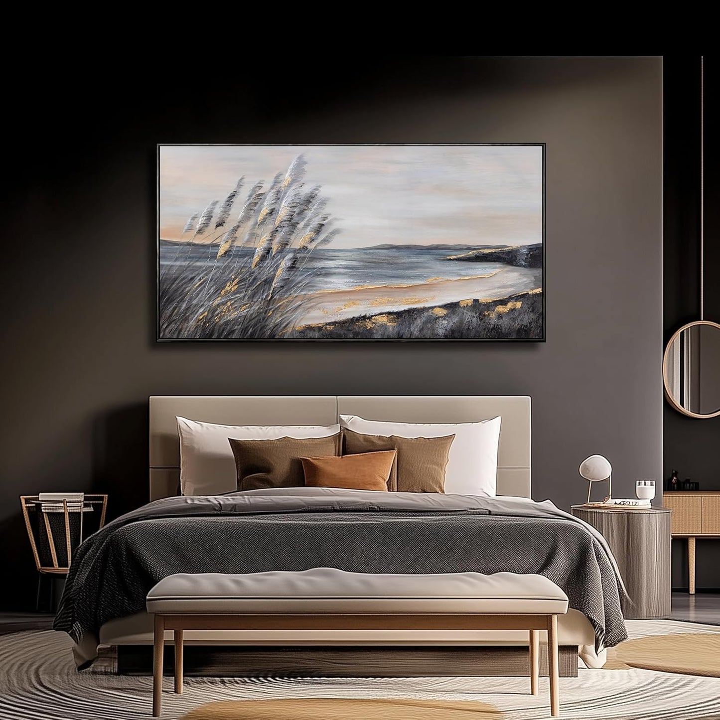 Yuaxker Ocean Wall Art Grey and Black Wall Decor Framed art Aesthetic Coastal Canvas Painting for Living Room Bedroom Dining Room Office Home Decor 24x48 Inch