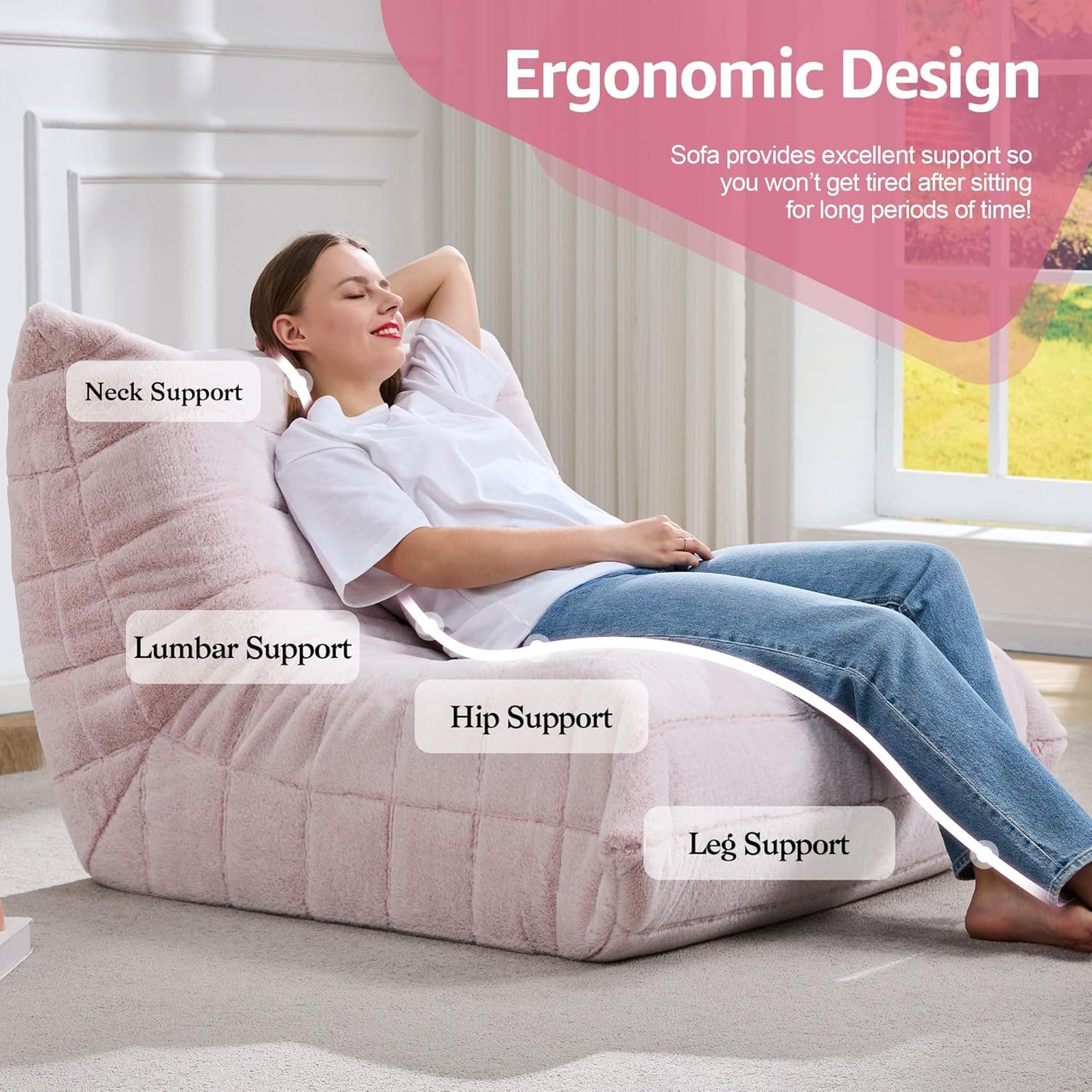 Bean Bag Chairs for Adults Giant Bean Bag Chair Memory Foam BeanBag Chair Big Bean Bag Sofa with Filler Faux Fur Fireside Beanbags Lazy Sofa for Living Room Bedroom Dorm Office (Pink Plush)